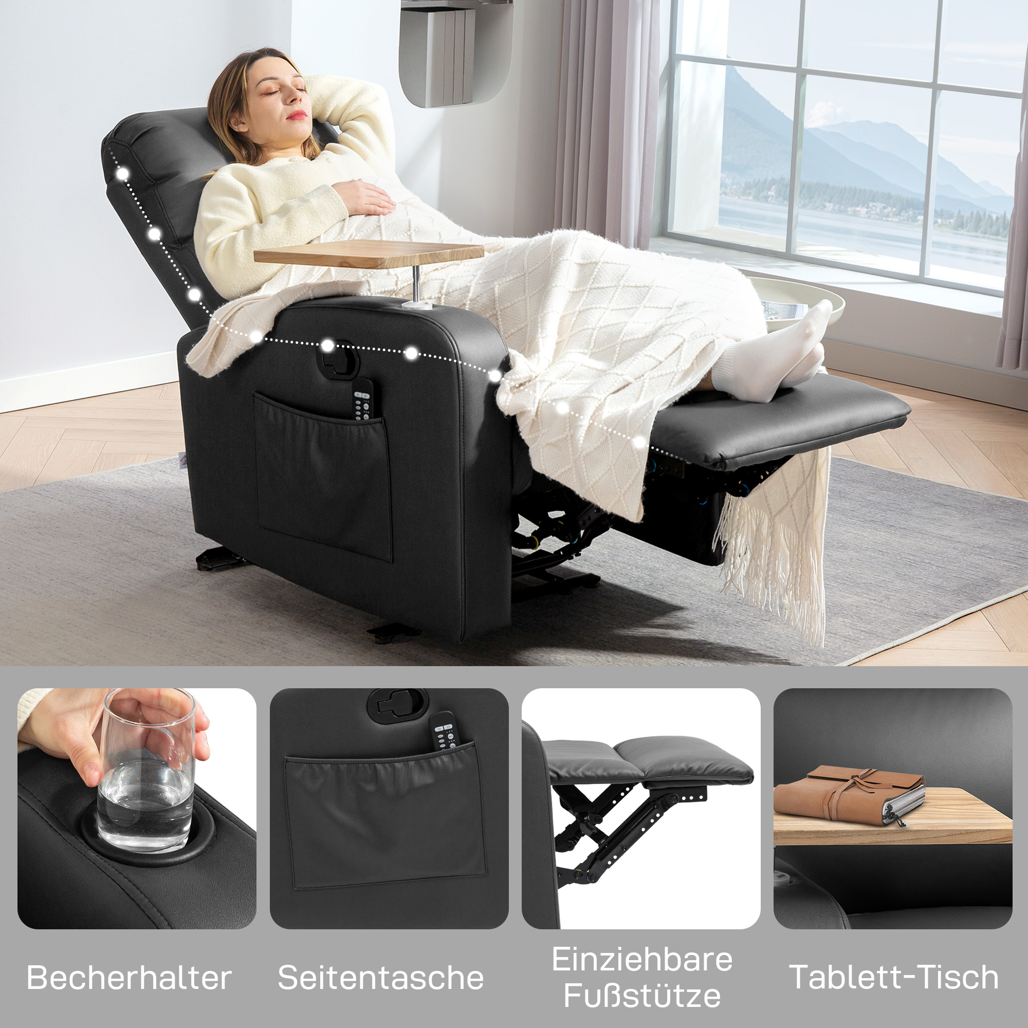 Massagesessel Relaxsessel Liegesessel, 1 Klapptisch, 1 Fußstütze; 77 cm x 93 cm x 105 cm, Schwarz