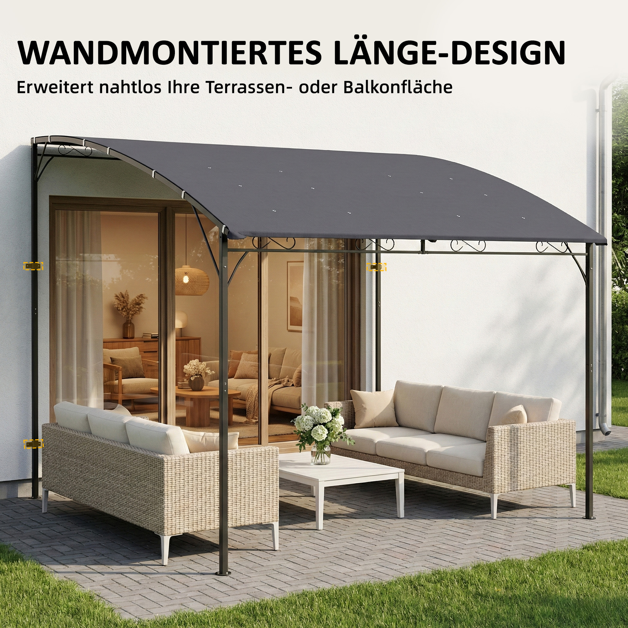 Anbaupavillon Pergola mit Metallgestell Dach, wetterfest wandmontiert Pavillon Vordach 2,86 x 3,84 x 2,52 m Grau