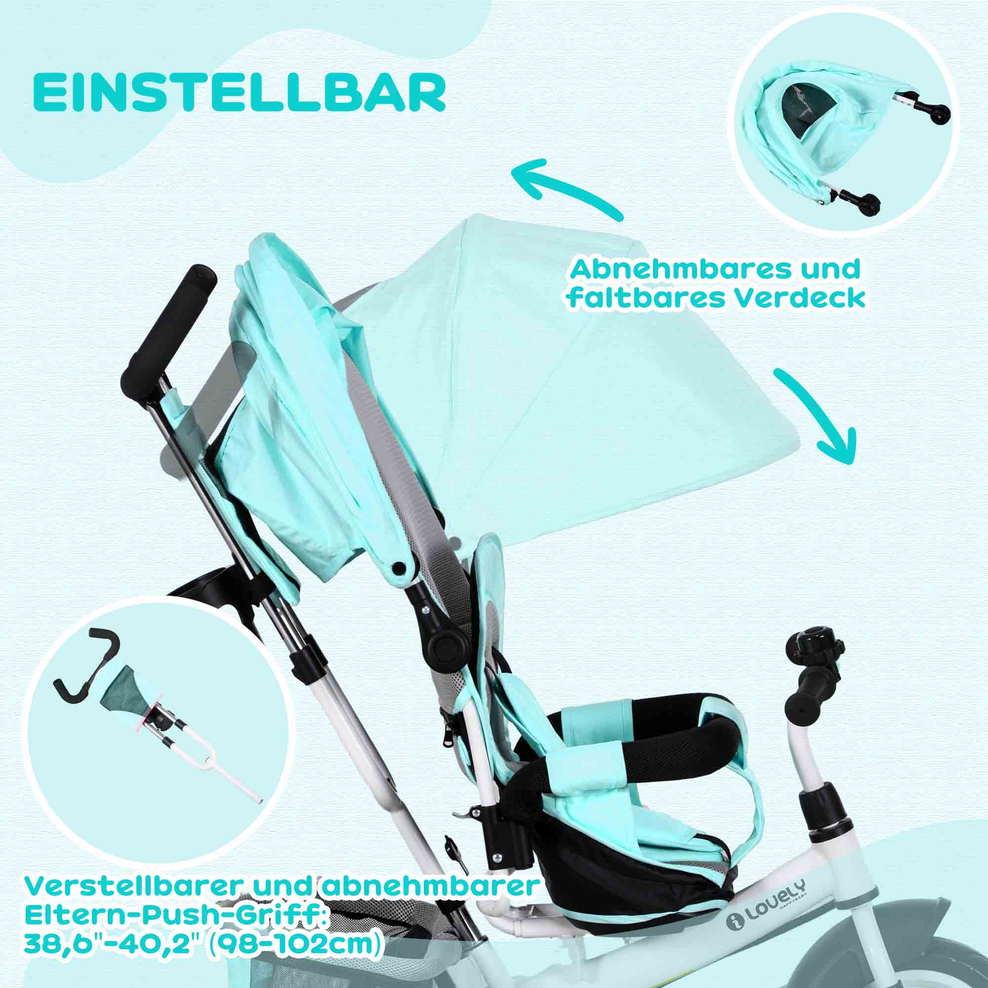 Kinder-Dreirad, Kinderfahrrad, Rückenkorb, Becherhalter, Sonnendach, Metall, Grün