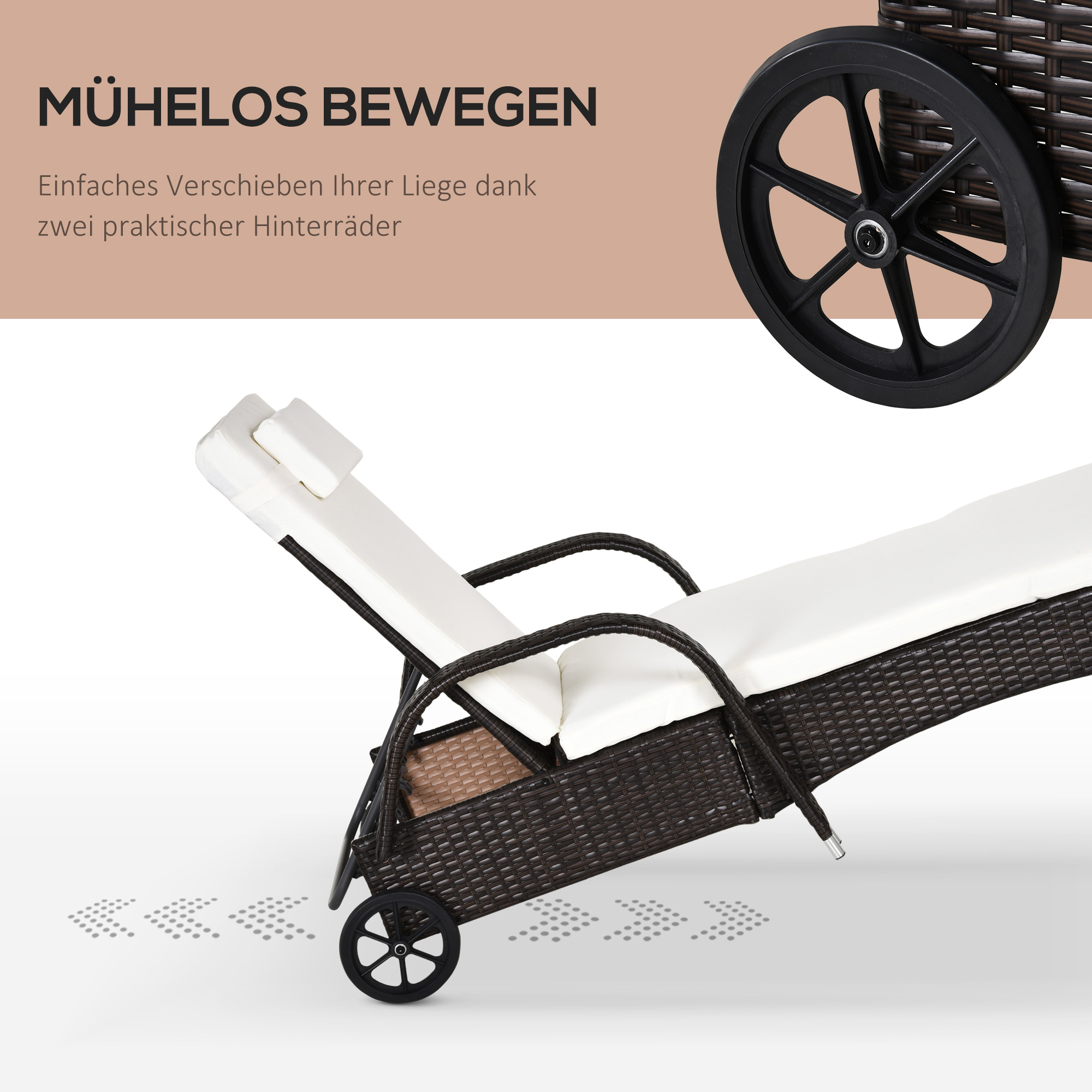 Sonnenliege Polyrattan Gartenliege mit 5-Fach verstellbarer Rücklehne, Polsterauflage, Rollen, Kissen, 160 kg belastbar Relaxliege Liegestuhl für Garten, 200x73x30-103cm, Kaffeebraun