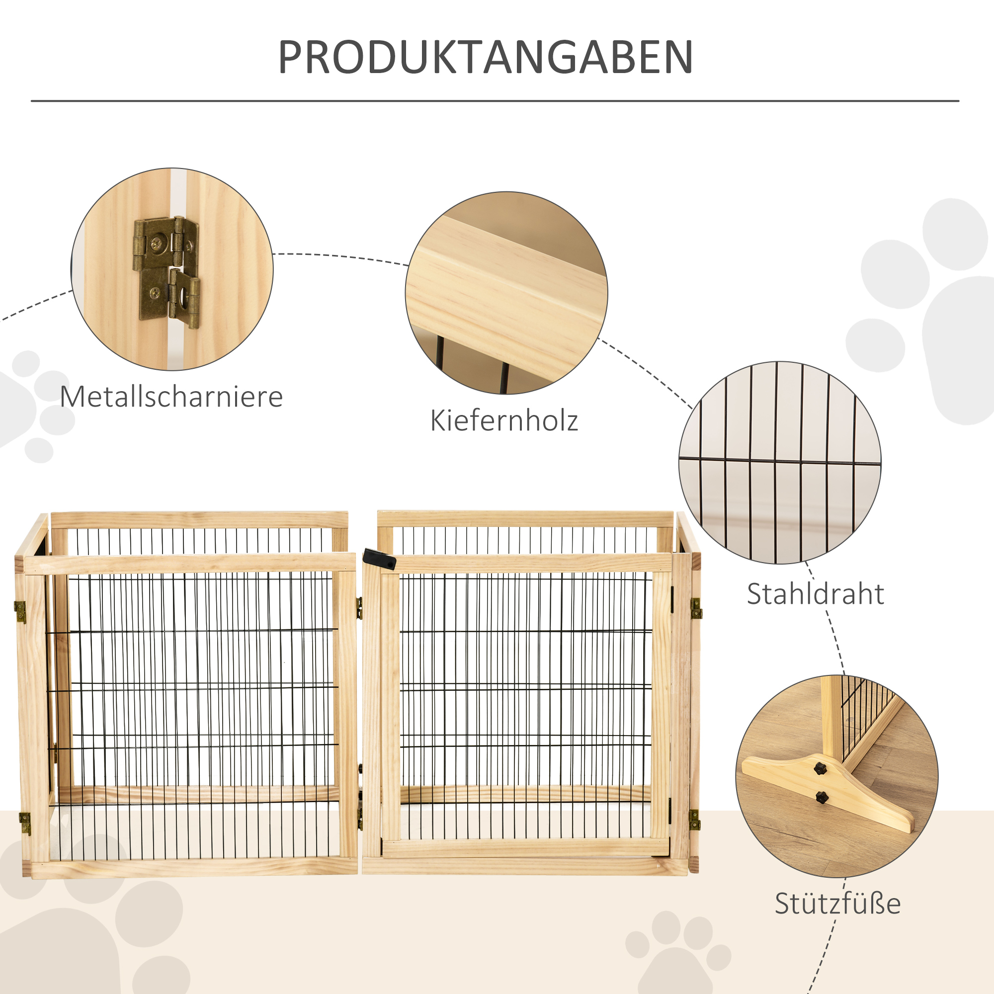 Haustiergitter Absperrgitter für Hunde, Kiefernholz, klappbar 432 x 36 x 70c m, Natur