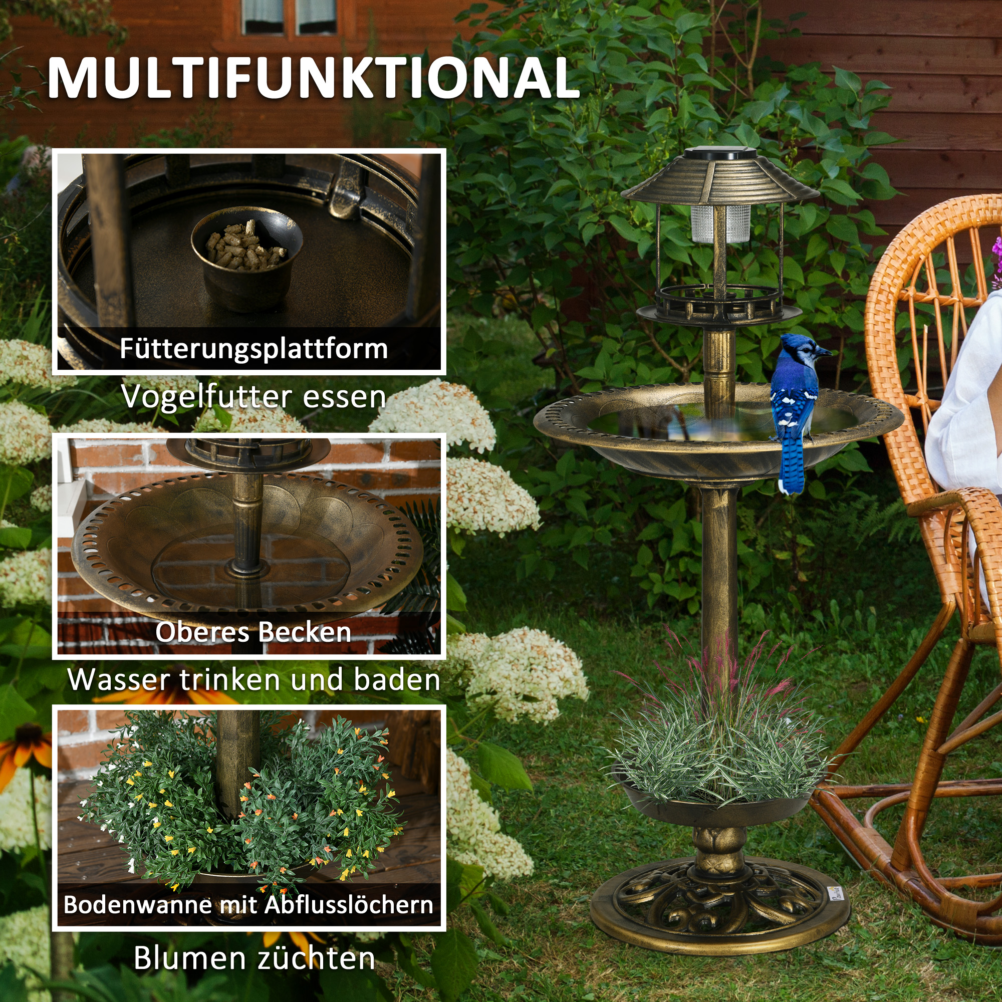 Vogeltränke Vogelhaus Futterschale, wetterbständig, 2 Schalen, Vintagedesign, 50 x 50 x 110 cm, Bronzefarben