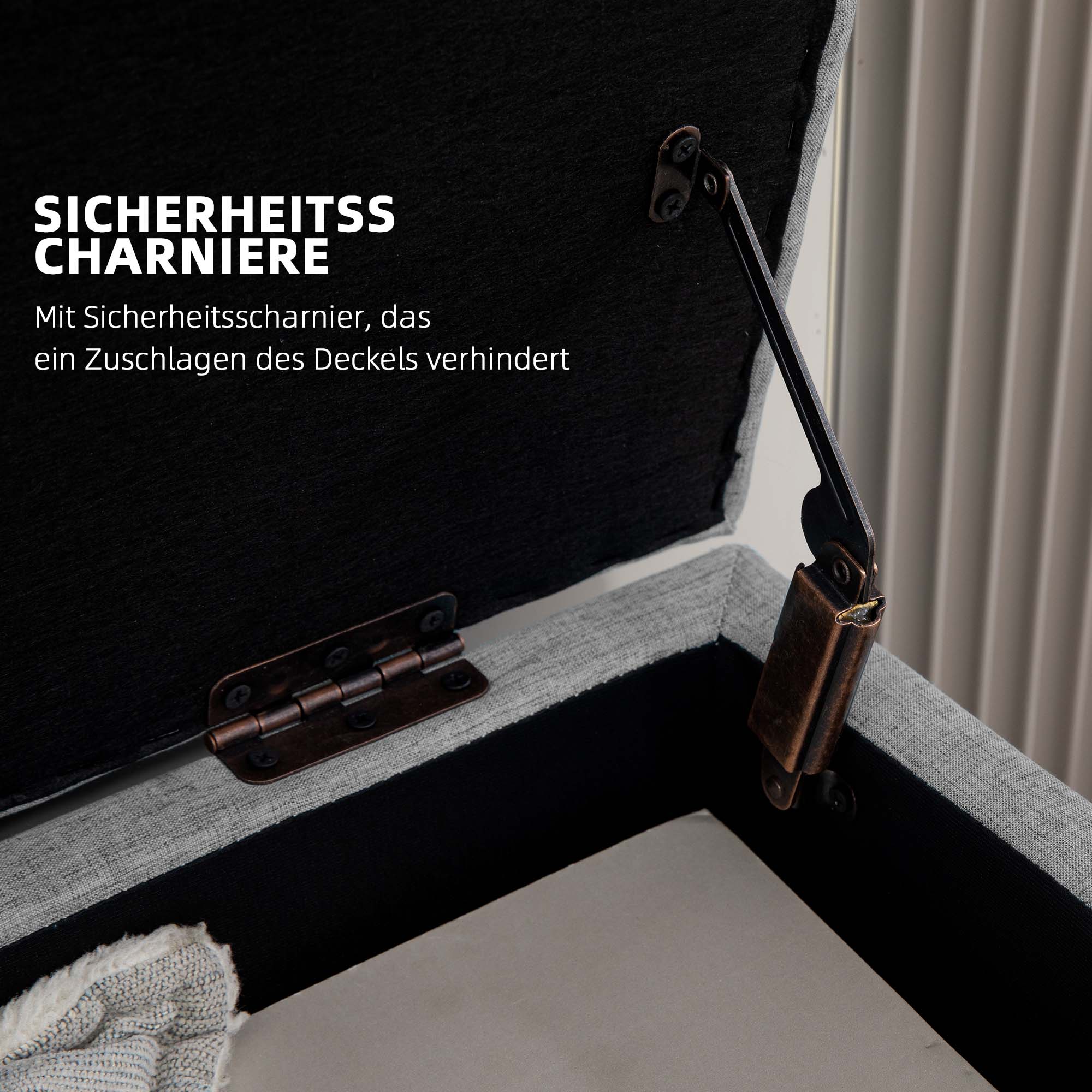 Polsterbank mit Stauraum, Bezug in Leinenoptik, Kautschukholzbeine, bis 220 kg, 110x39x45cm, Grau