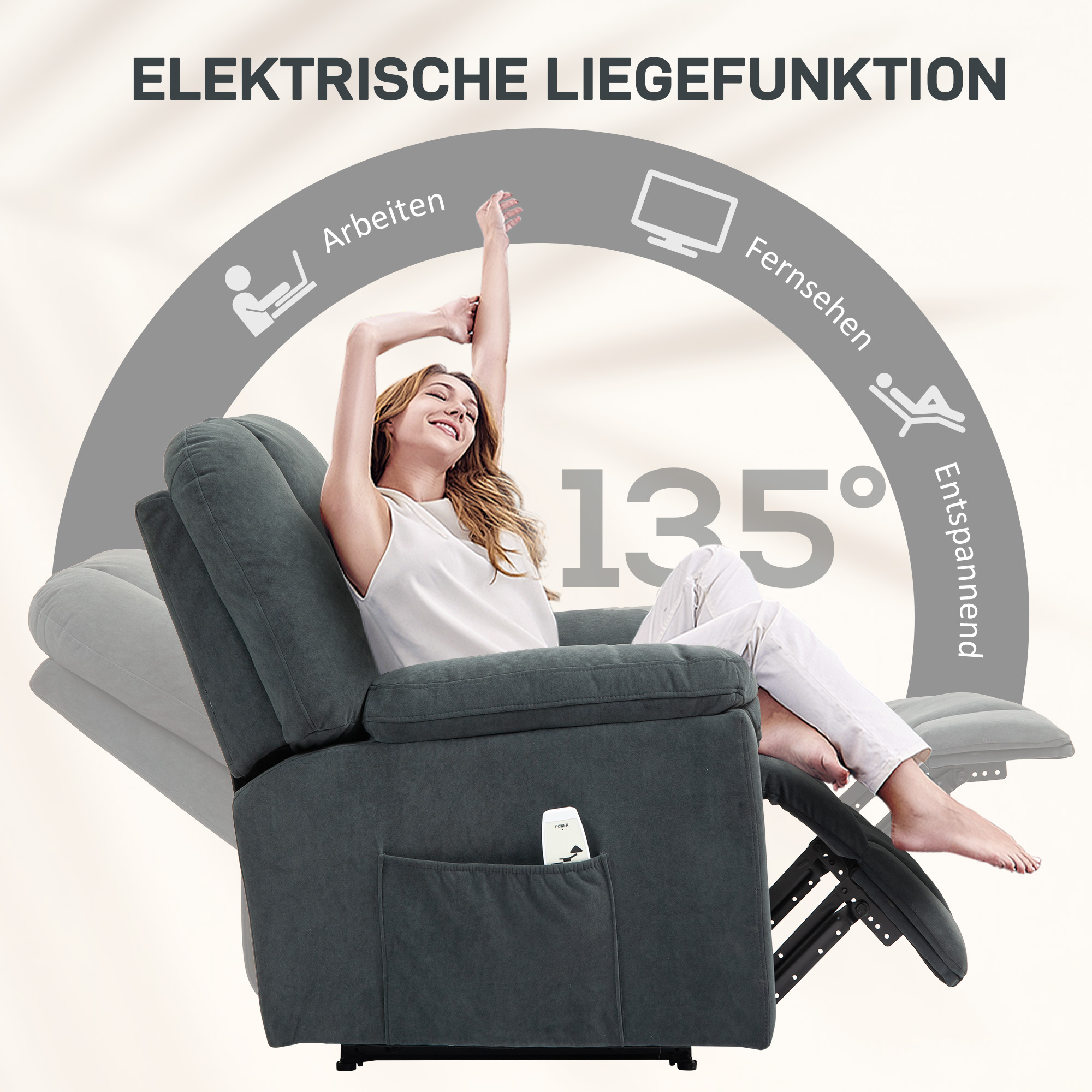 Relaxsessel mit Massage- und Wärme-Funktionen, Polstersessel mit USB-Anschluss, Seitentaschen, Grau