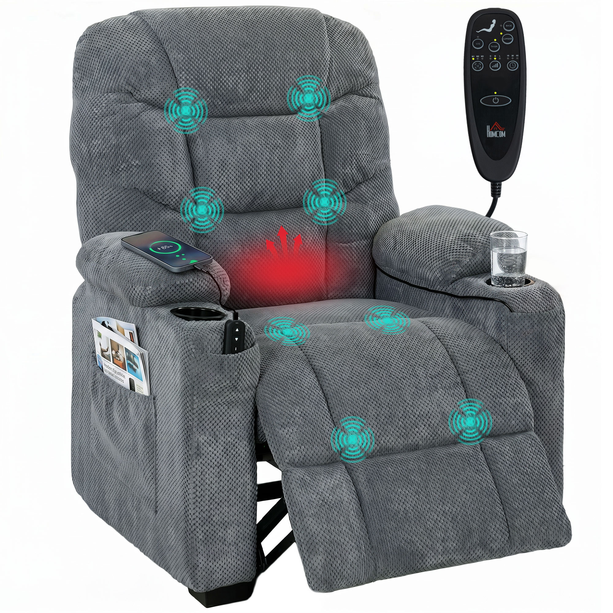 Elektrischer Relaxsessel mit Massage & Wärme, leisem Motor und Memory-Funktion, Dunkelgrau