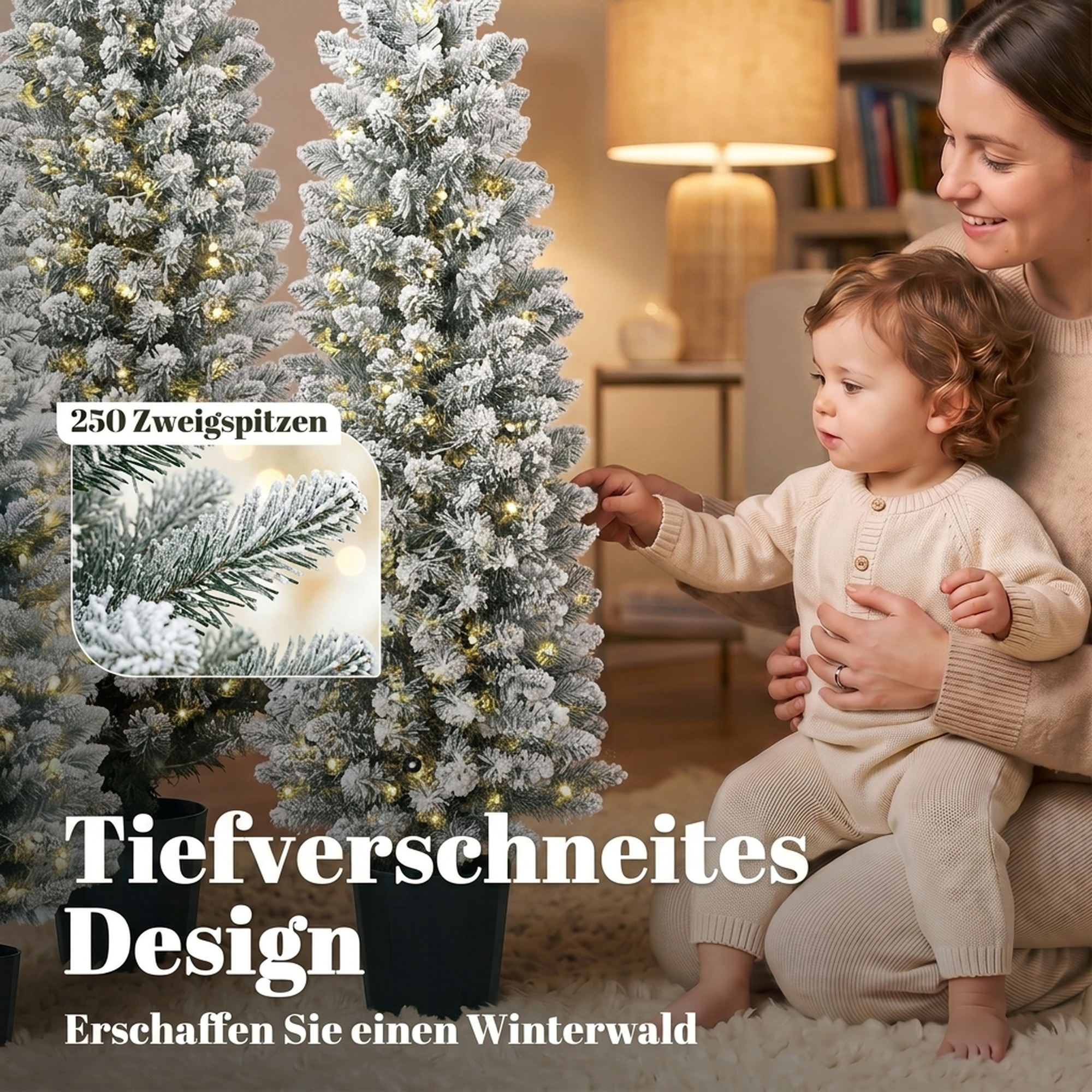 3er-Set schneebeflockte LED-Weihnachtsbäume, schmal, mit PVC-Zweigen, 90/120/150 cm