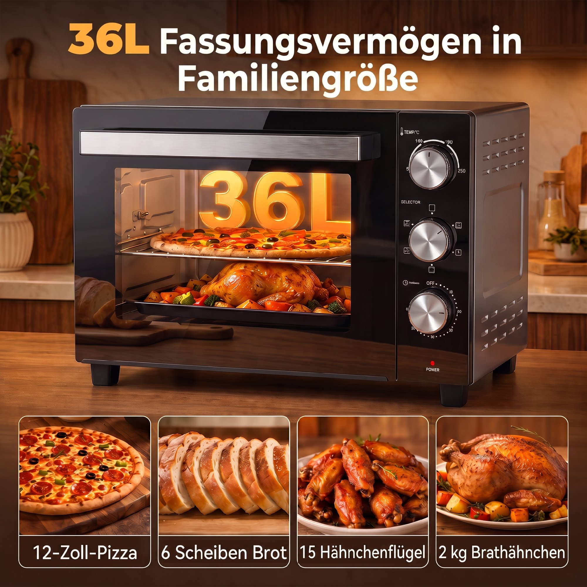36 L Miniofen mit Umluft, 90–230 °C Temperaturregelung, 1500 W