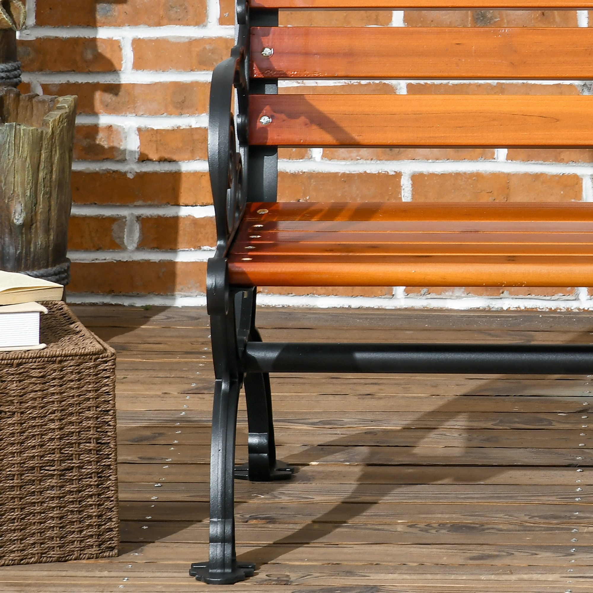 Sitzbank für 2 Personen, dekorative Armlehnen, für Garten & Terrasse, Gussaluminium+Naturholz, 120 x 64 x 79 cm, Teak