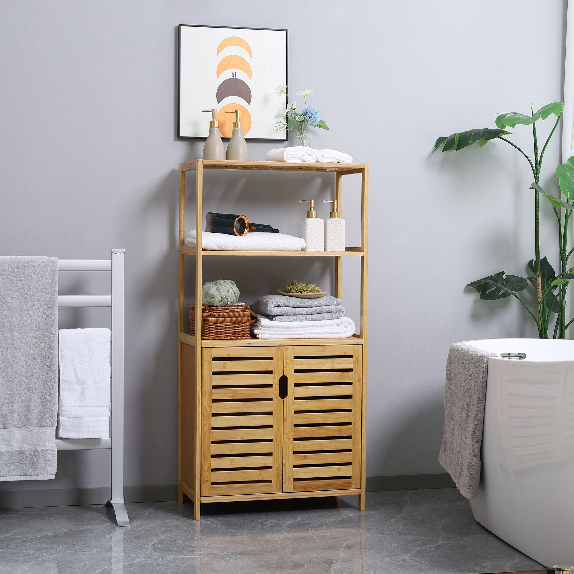 Badezimmerschrank, Badezimmerkommode mit Lamellentüren, Badregal, Bambusholz, Naturholz