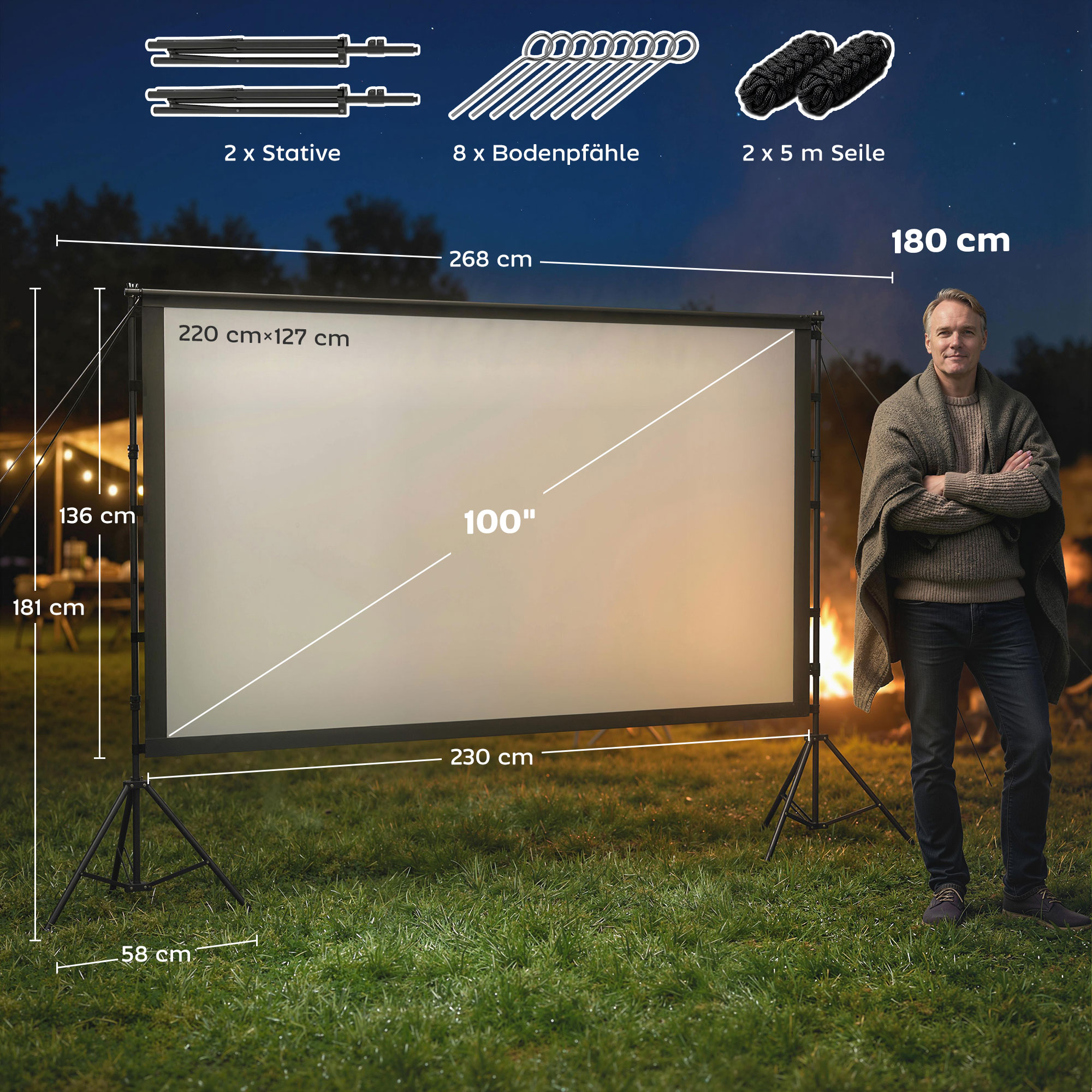 100 Zoll 16:9 HD 4K/8K Projektor-Leinwand mit Ständer, tragbare doppelseitige Leinwand mit klappbaren Stativen, Weiß