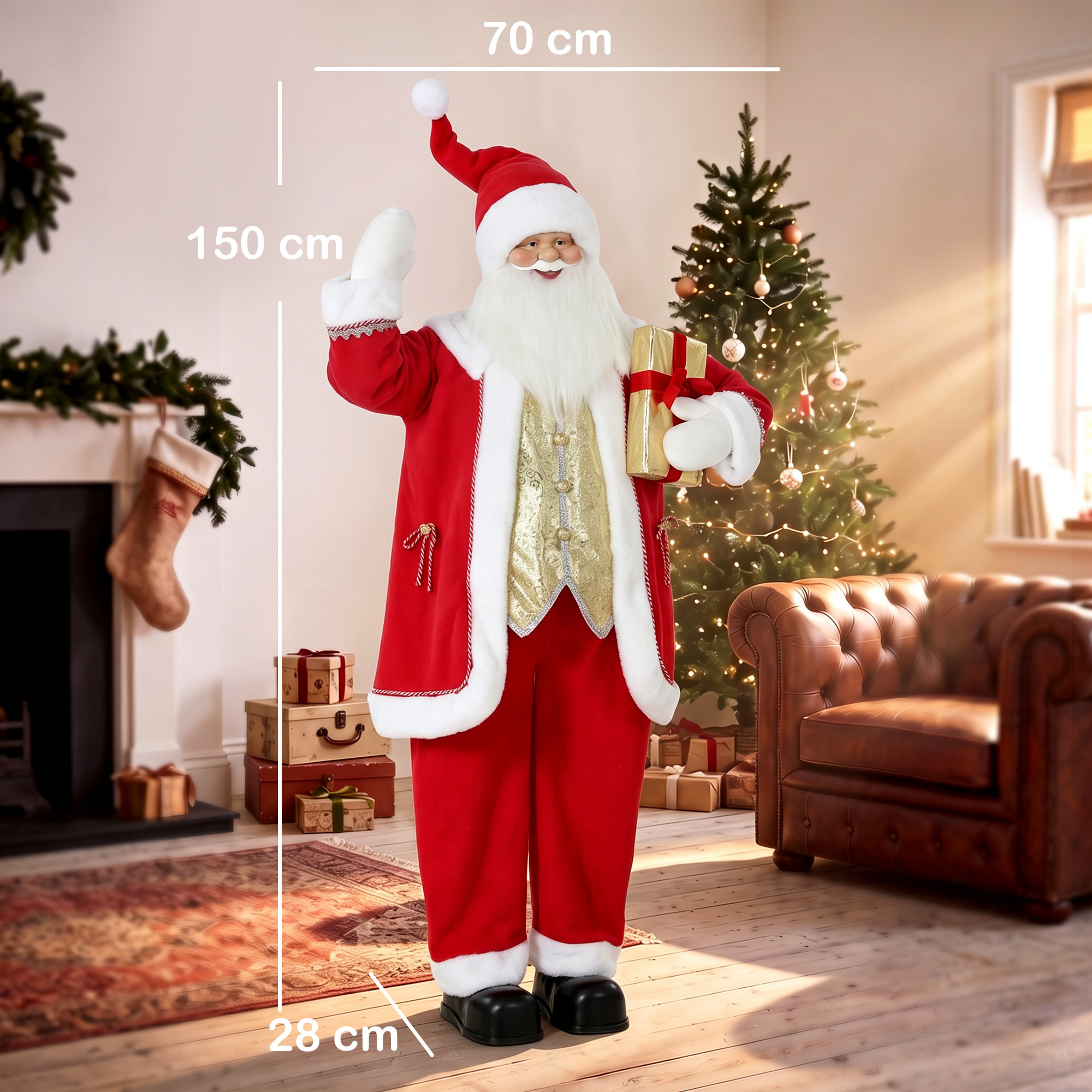Singender Weihnachtsmann, 150 cm, stehende animierte Weihnachtsfigur mit Glocke und Kranz, per Sound/Berührung aktiviert