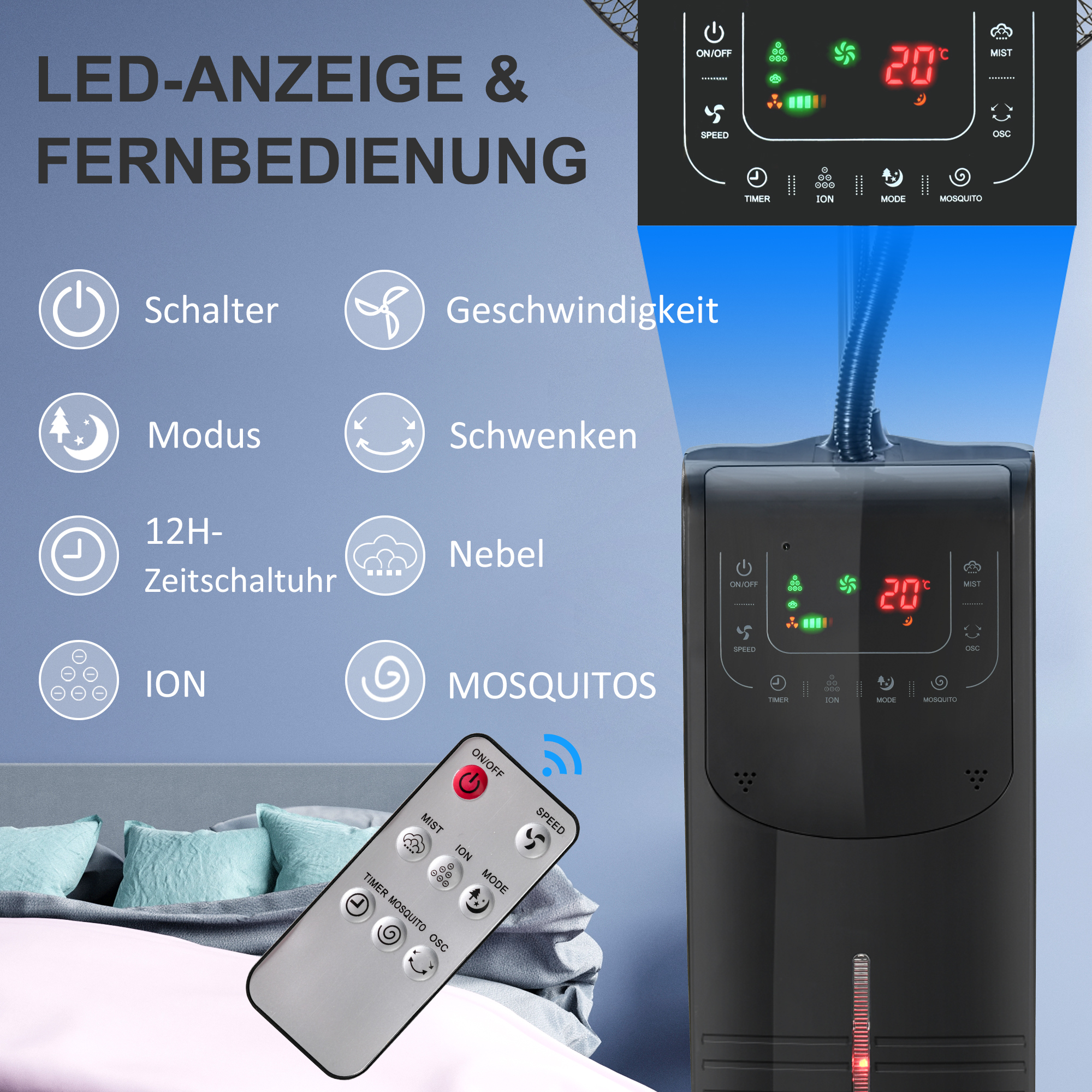 Ventilator mit Wasserkühlung, Standventilator mit Sprühnebel, Fernbedienung, oszillierend, Timer, 3,1 L Wassertank, 3 Modi, 90 W Wasserventilator mit Rollen, 135 cm