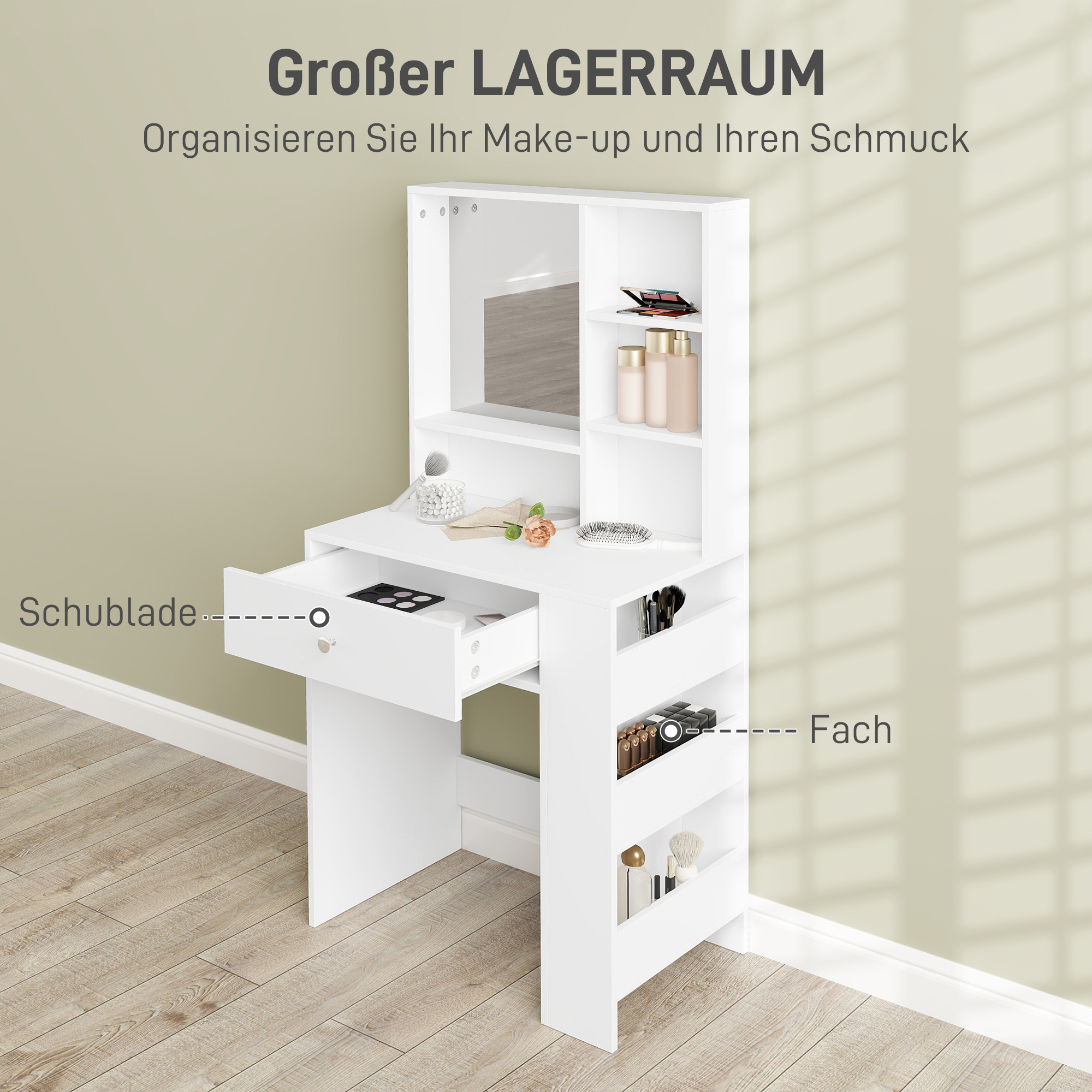 Schminktisch mit Spiegel, Schublade, 3-stufige Seitenablage, Spanplatte, Weiß