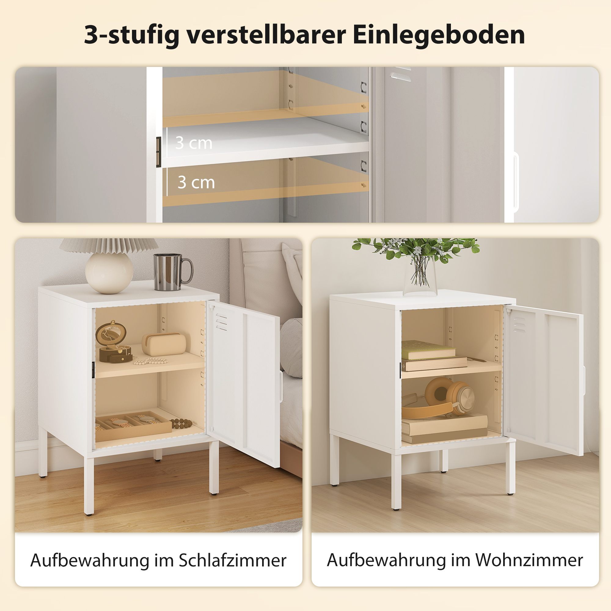 Nachttisch aus Stahl, Beistelltisch für verschiedene Zwecke, verstellbares Regal, für Schlafzimmer, Wohnzimmer, Weiß