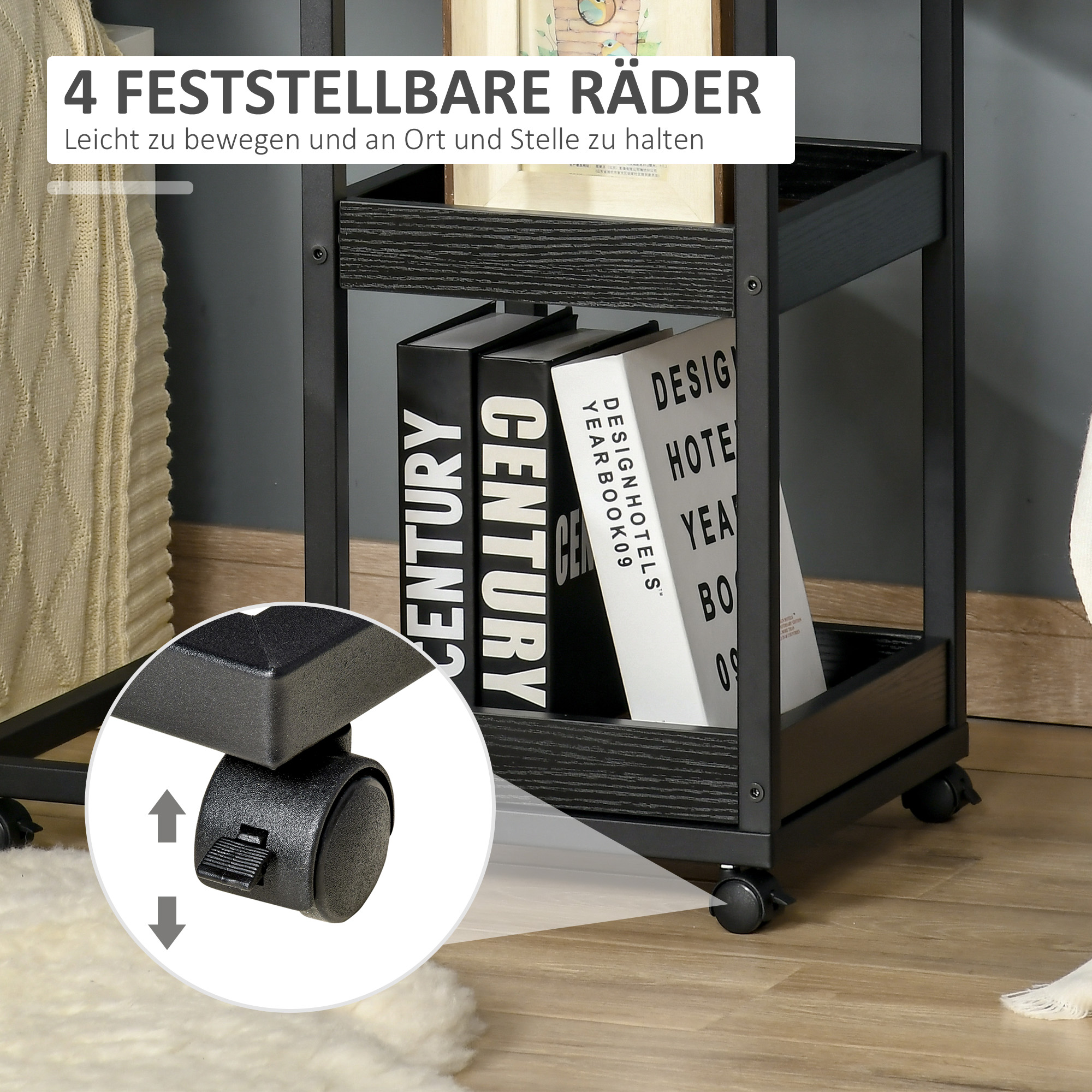 Beistelltisch mit Rädern für Sofa oder Bett, Industriestil, Stahl und Holz, Braun und Schwarz