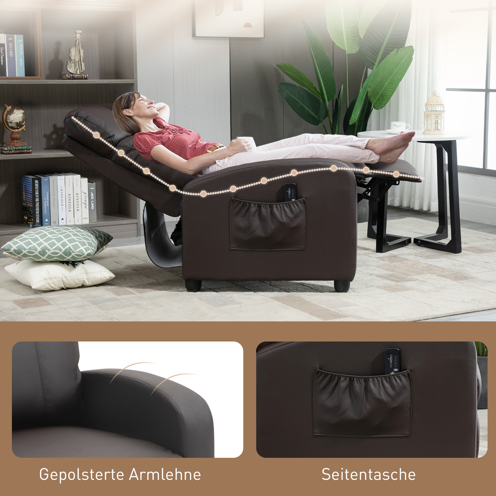 Relaxsessel Fernsehsessel mit Vibrationsmassage, Liegefunktion, 2 Massagepunkte, Fernbedienung, 68 x 88 x 98 cm Braun