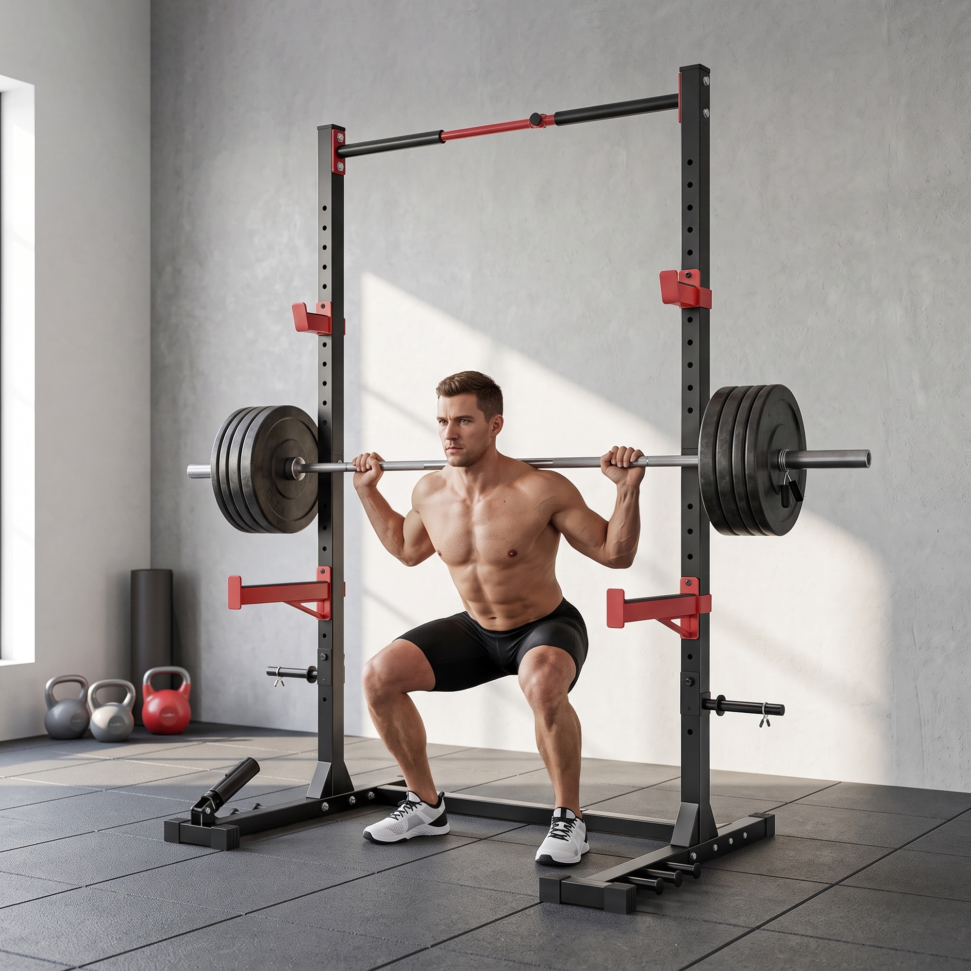 Power Tower Squat Rack Klimmzugstange Freistehend mit verstellbare Breite Scheibenhalter Landmine