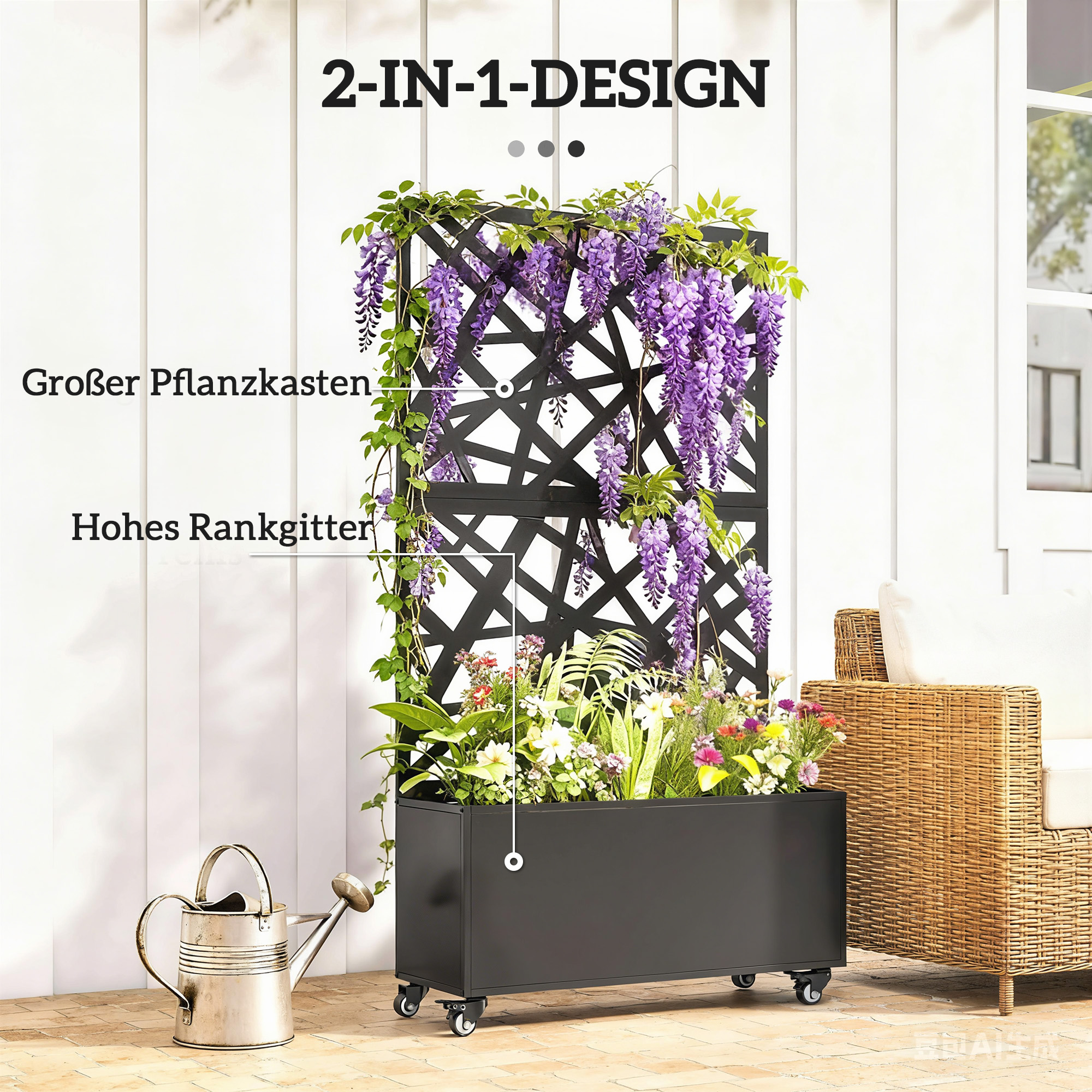 Blumenkasten mit Sichtschutz Pflanzkasten mit Rolle Rankgitter 90 x 30 x 160 cm Metall Schwarz