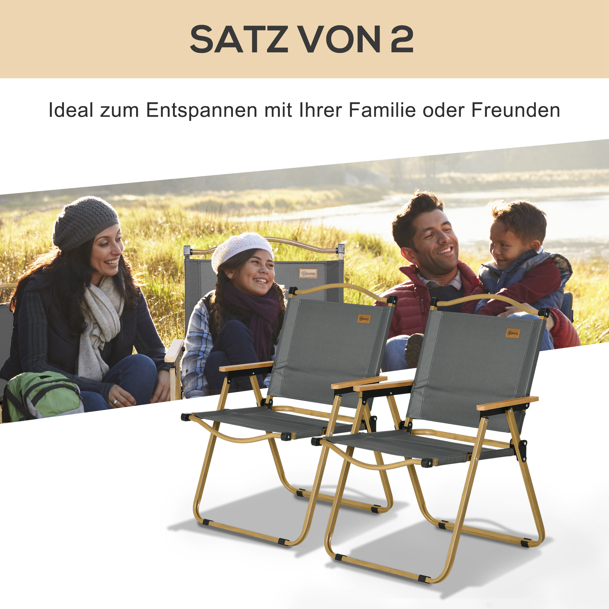 Campingstühle, 2 x Strandstuhl, faltbar, Stahl, Holzoptik, Dunkelgrau