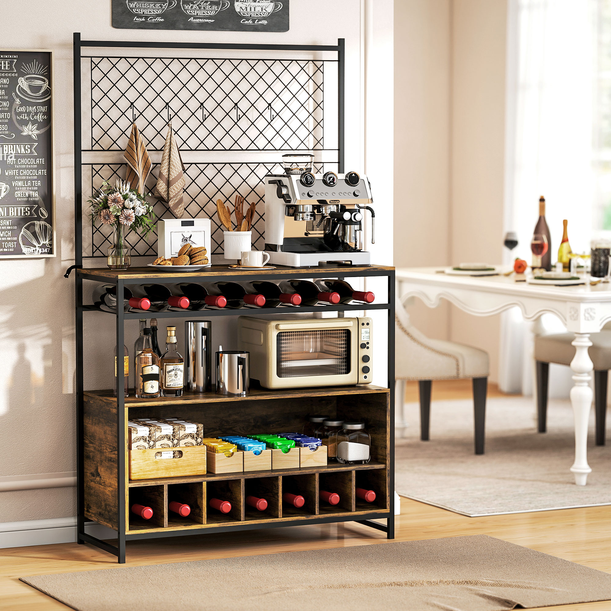 Küchenregal mit Arbeitsfläche, Metallgitterpaneele, 5 Haken, Küchenschrank für Gewürze, Töpfe, Pfannen, Braun