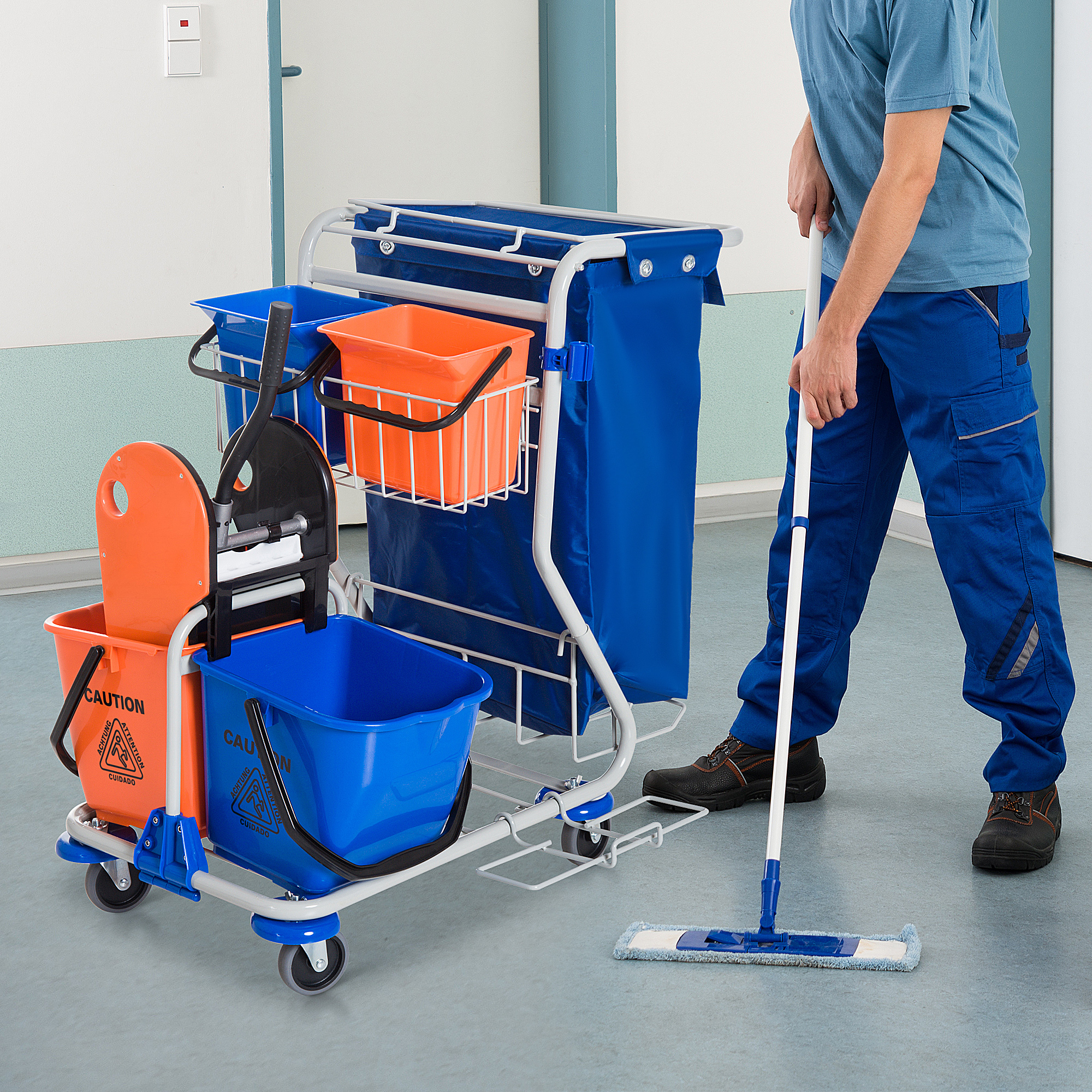 Putzwagen Reinigungswagen mit 2 x 18L & 2 x 6L Eimern Wischwagen Haushaltswagen mit Mopp-Presse, Aufbewahrungskorb, Blau Orange 93 x 80 x 97 cm
