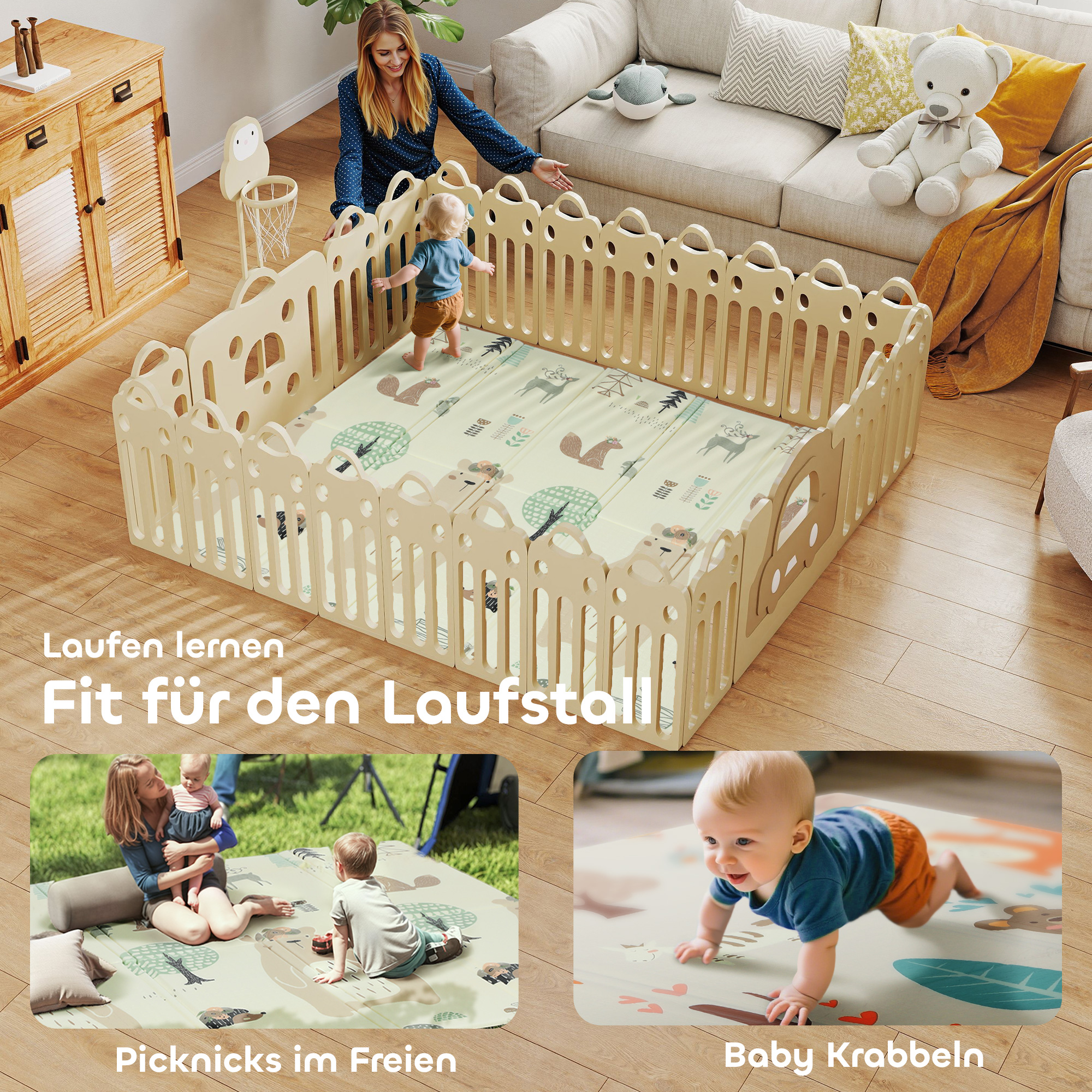 Spielmatte Baby 196 x 176 x 1,5 cm faltbar Doppelseitige Krabbelmatte Mehrfarbig