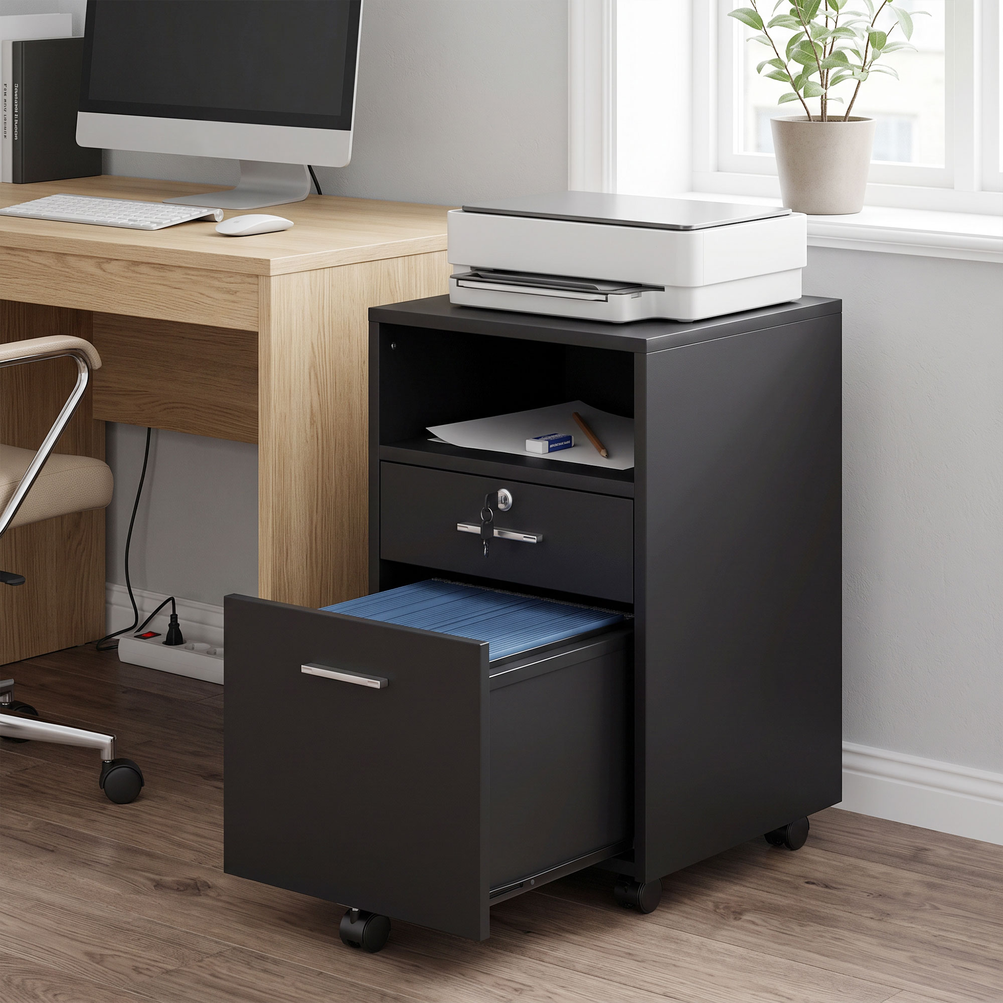 Büroschrank Rollcontainer, 2 Schubladen, eine Schublade abschließbar, 5 Rollen, Schwarz, 40 x 40 x 65 cm