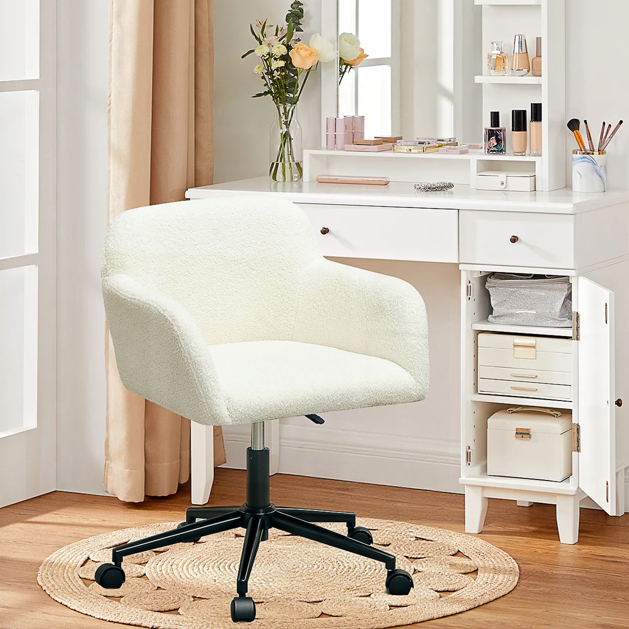 Drehbarer Bürostuhl mit Rollen, Schreibtischstuhl, Fleece-Stoff, Schaumstoff, höhenverstellbar, Homeoffice, Cremeweiß