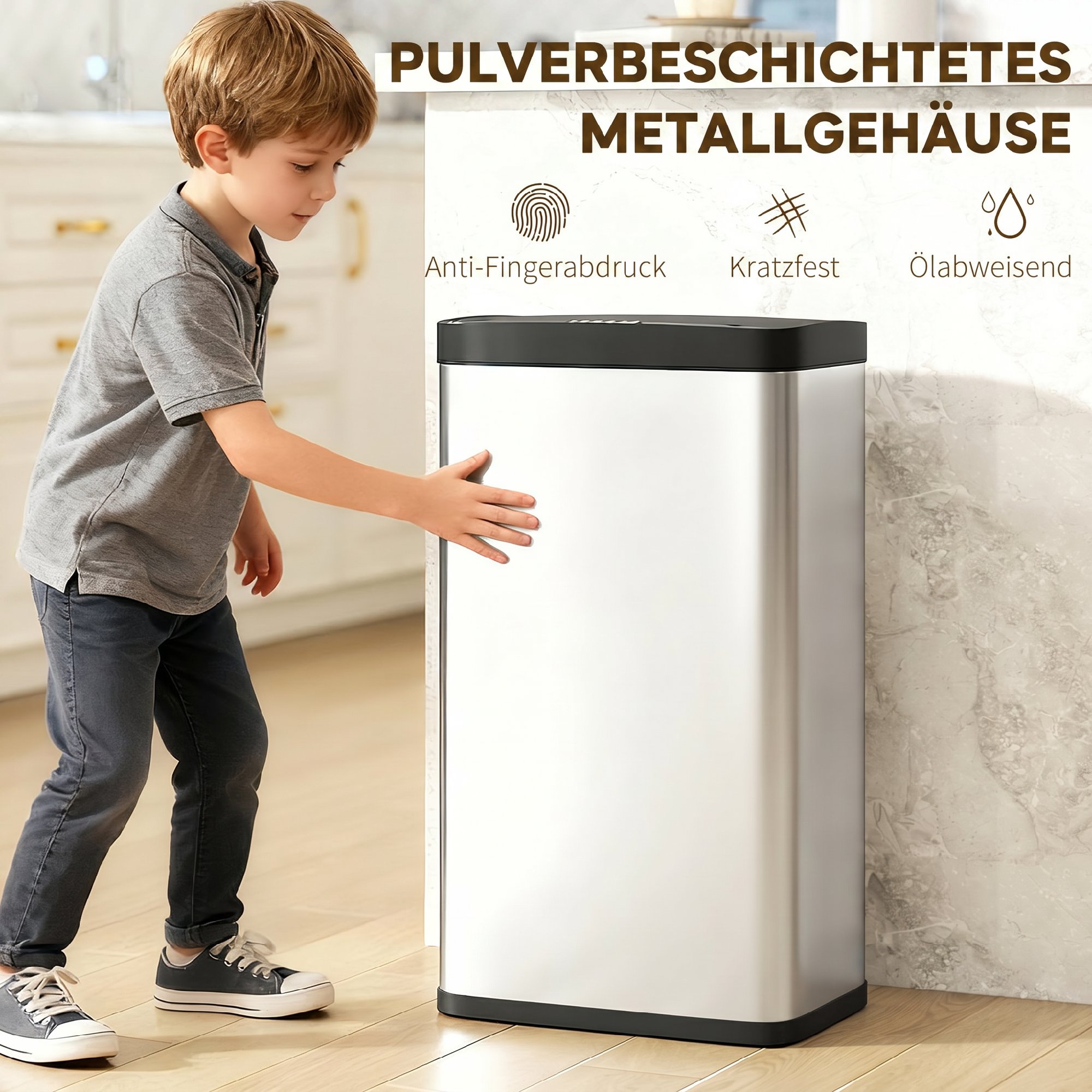 Sensor-Mülleimer, 45L Küchenmülleimer mit Soft-Close-Deckel, Bewegungssensor für Küche, Schlafzimmer, Büro, Silber