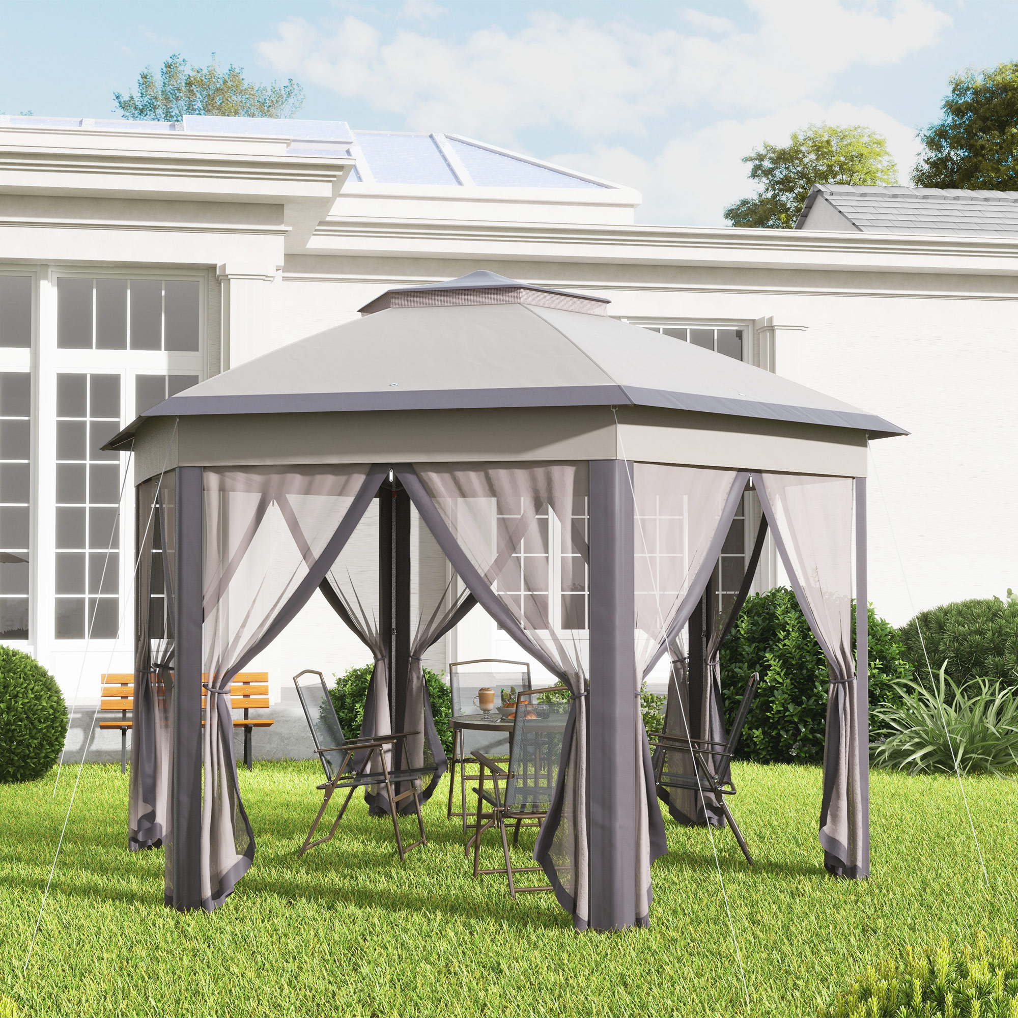 Gartenpavillon Faltpavillon 4 x 4 m Pop-Up-Zelt Partyzelt inkl. Tragetasche 6 Seitenteile Doppeldach sechseckig Beige