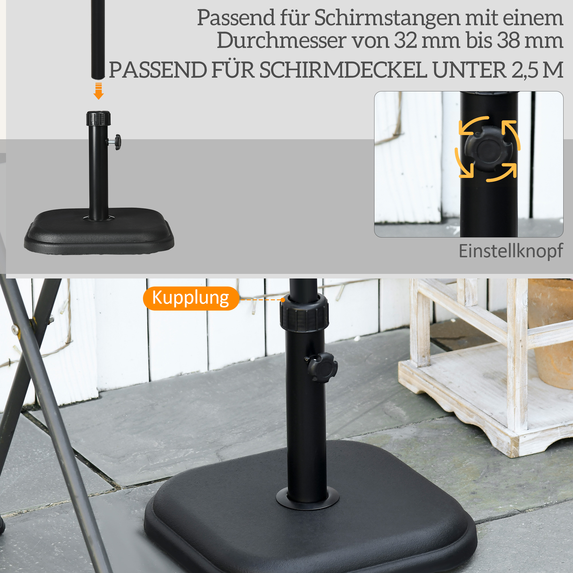 Sonnenschirmständer aus Beton 11kg Quadratisch Schirmständer für Sonnenschirm 32-38mm Rohrdurchmesser Schwarz