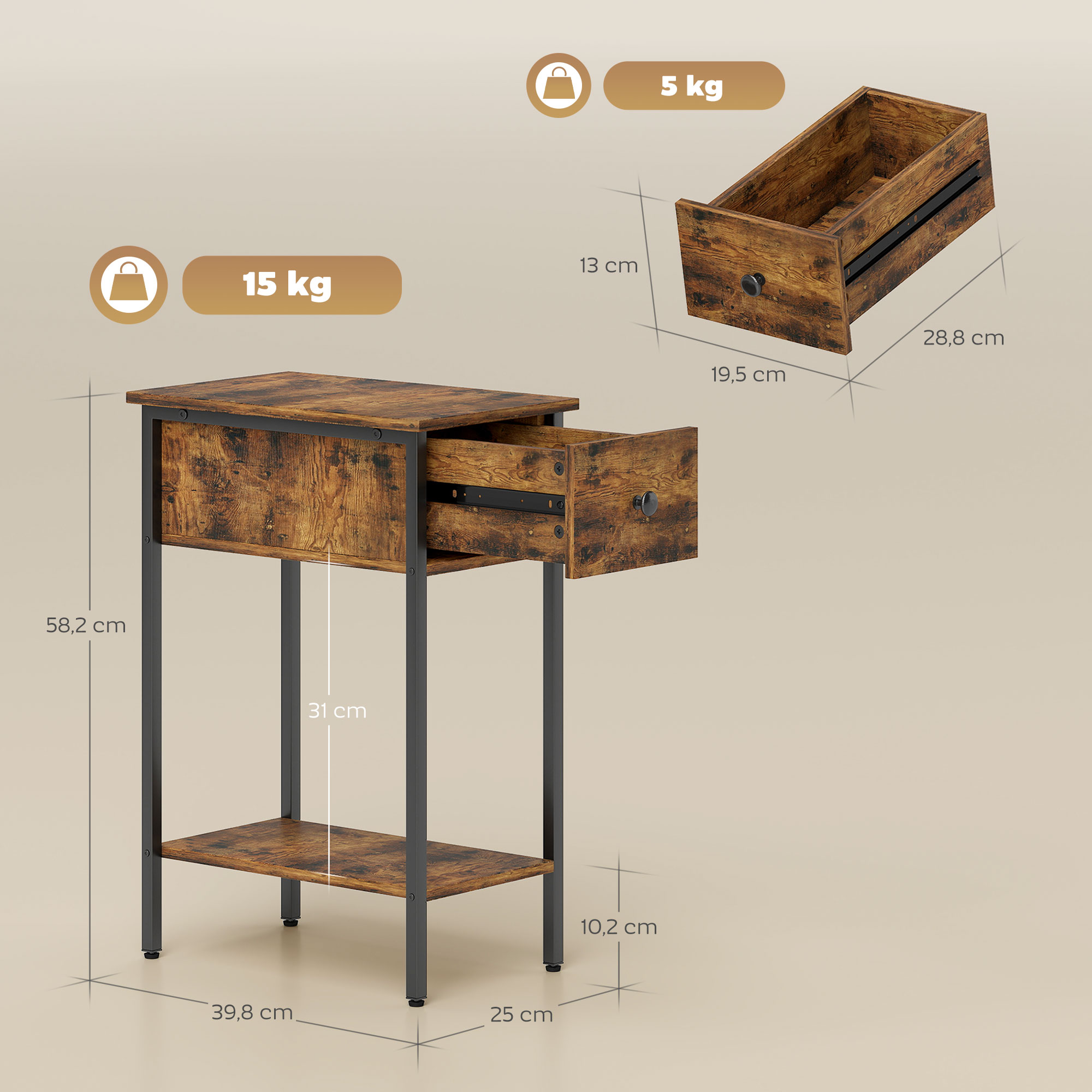 Beistelltisch mit offenem Fach und Schublade, Nachttisch, Metallbeine, Holz, Braun