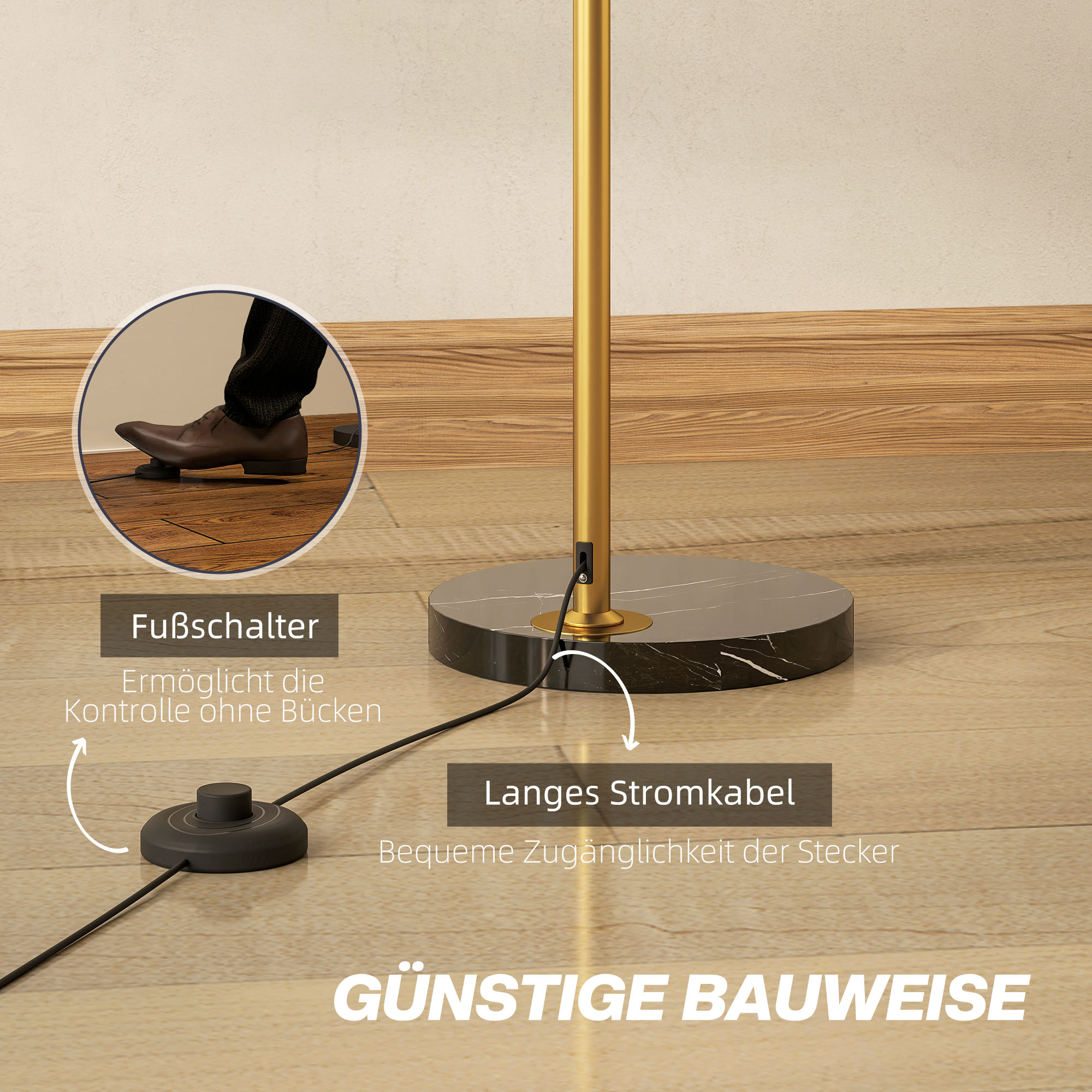 Stehlampe, Bogen-Design mit Marmorsockel, 180 cm, Schwarz+Gold