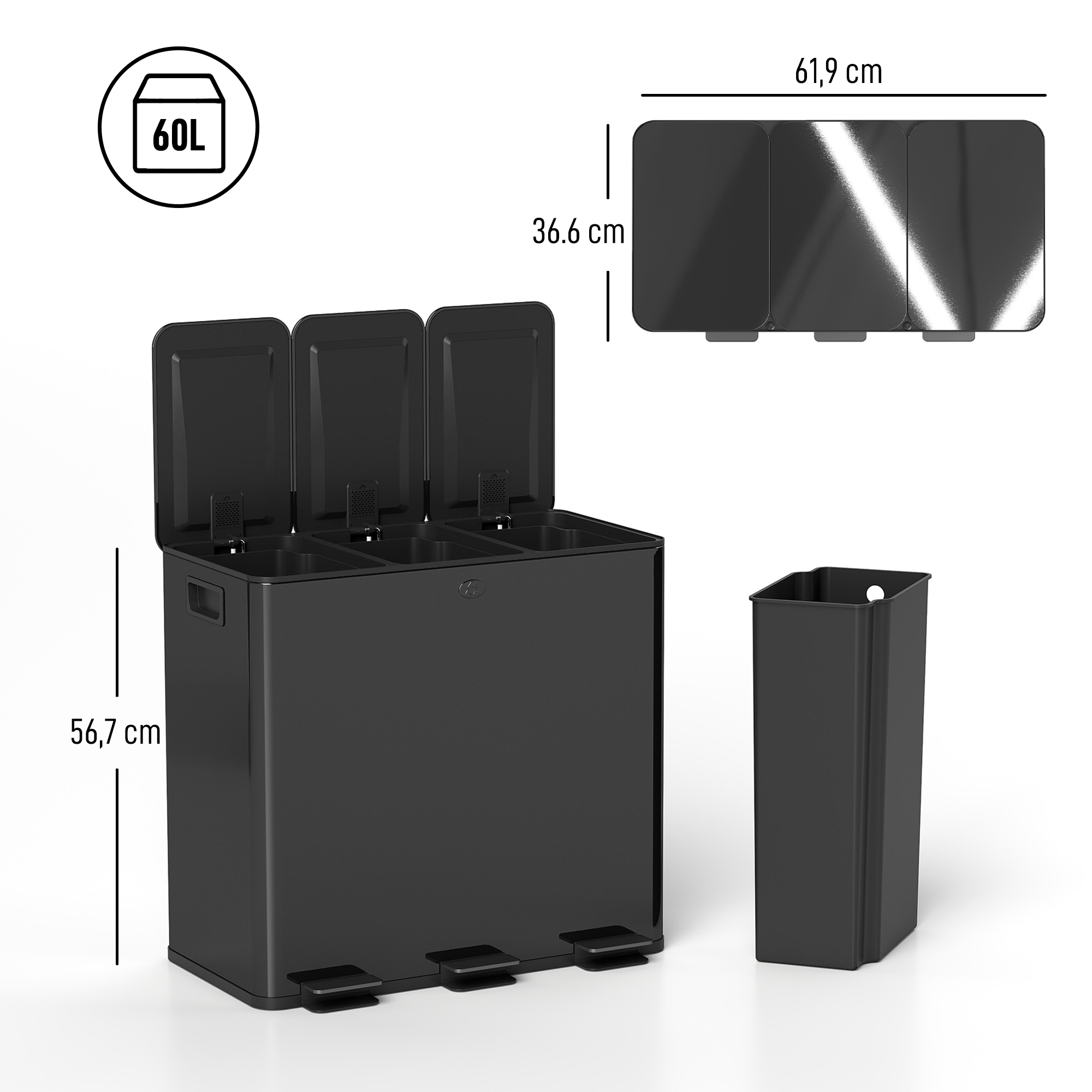 Mülleimer mit 3 x 20l Fächern, Deodorant-Deckel, fingerabdrucksicher, Soft-Close, herausnehmbar, Schwarz