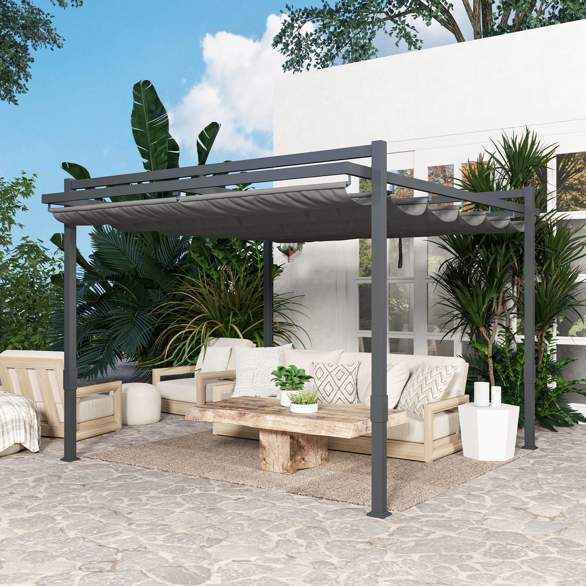 Pergola Pavillon ca. 3,5x3m Aluminium Stabil winterfest Sonnenschutz mit verstellbares Schiebedach Grau