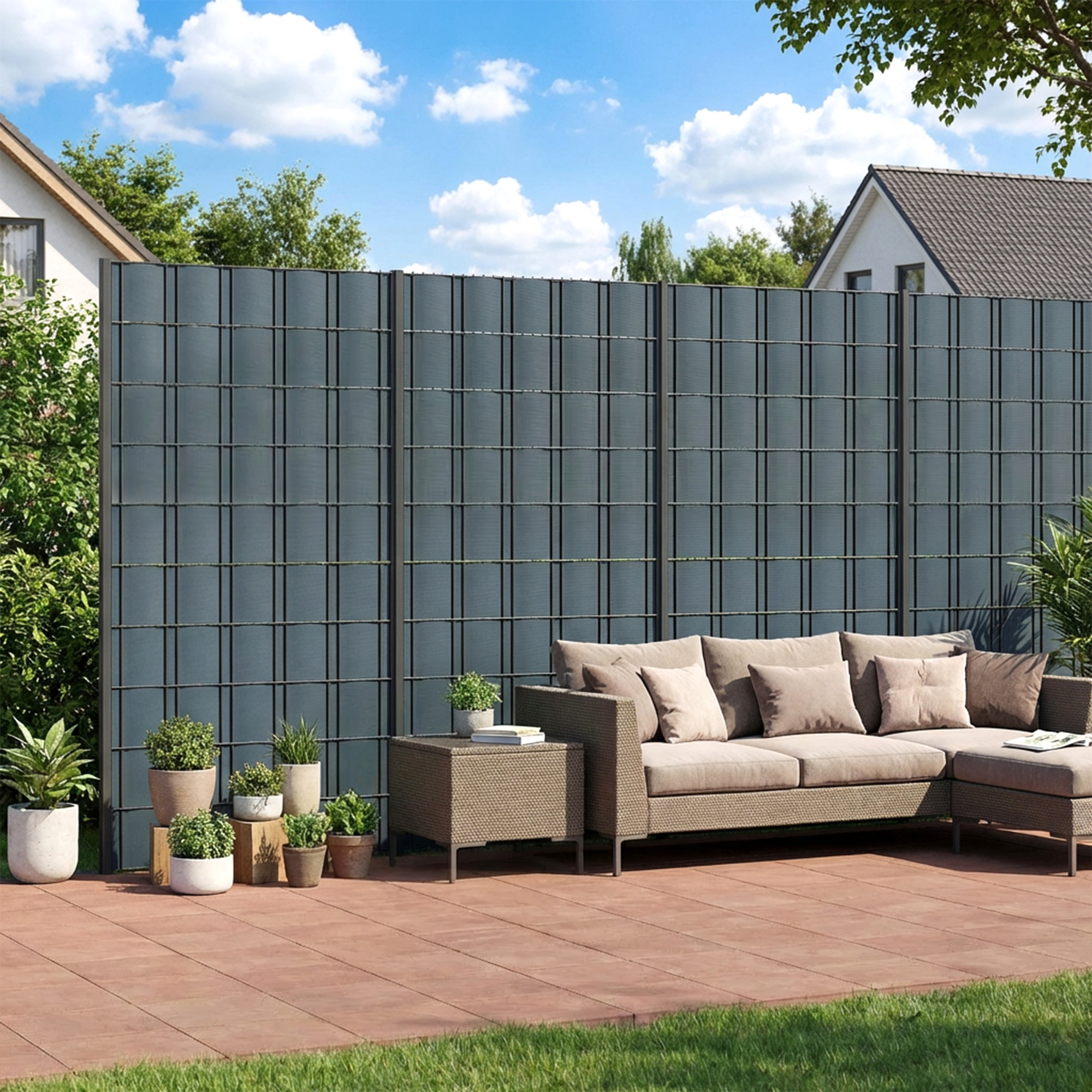 Sichtschutzstreifen 4er Set Kunststoff UV-beständiger wasserdichter Sichtschutz mit Befestigungsclips 35 m x 19 cm Grau