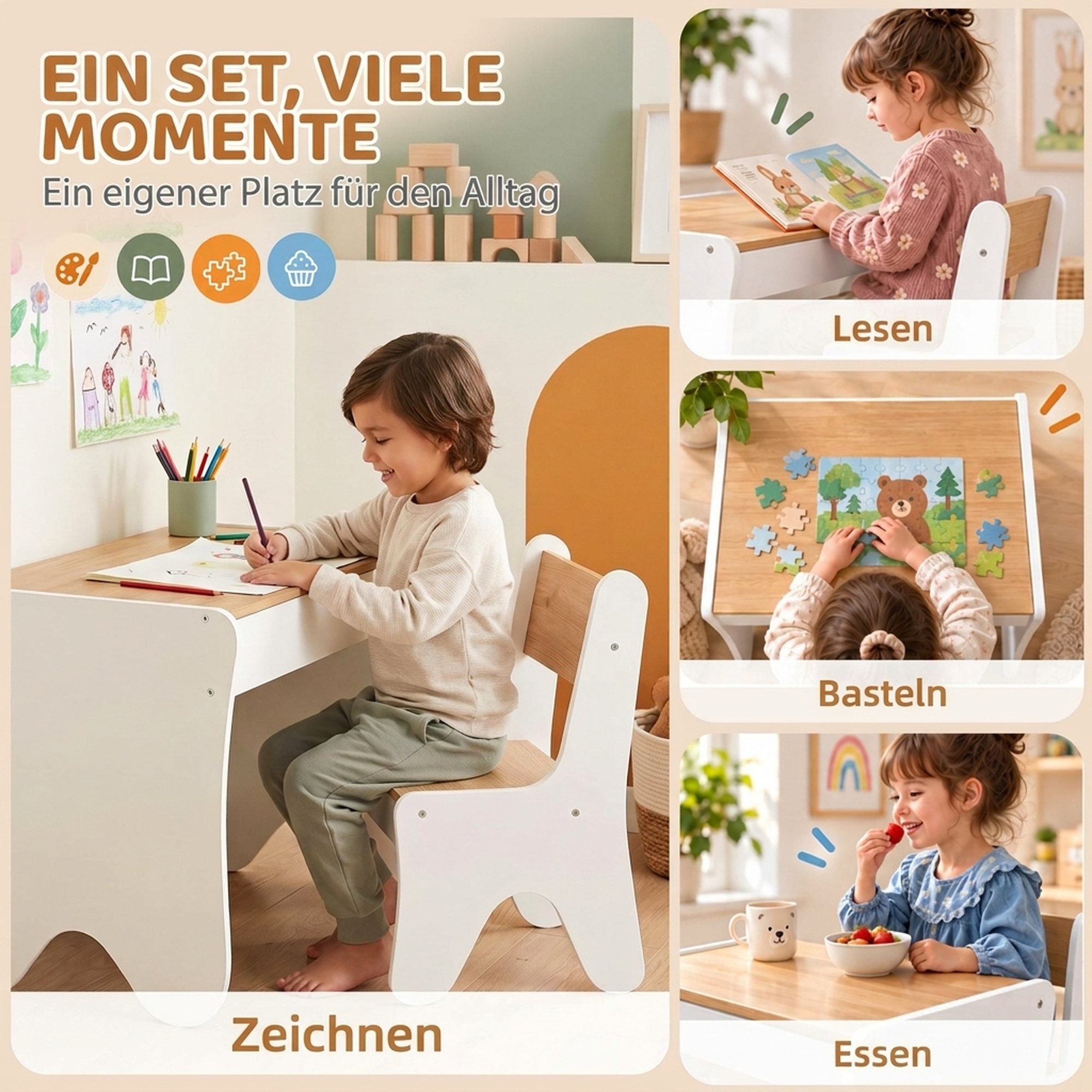 Kindertisch mit Stuhl 2 teilige Kindersitzgruppe mit Schublade Abgerundete Kanten, Platzsparend für Kinder 3-8