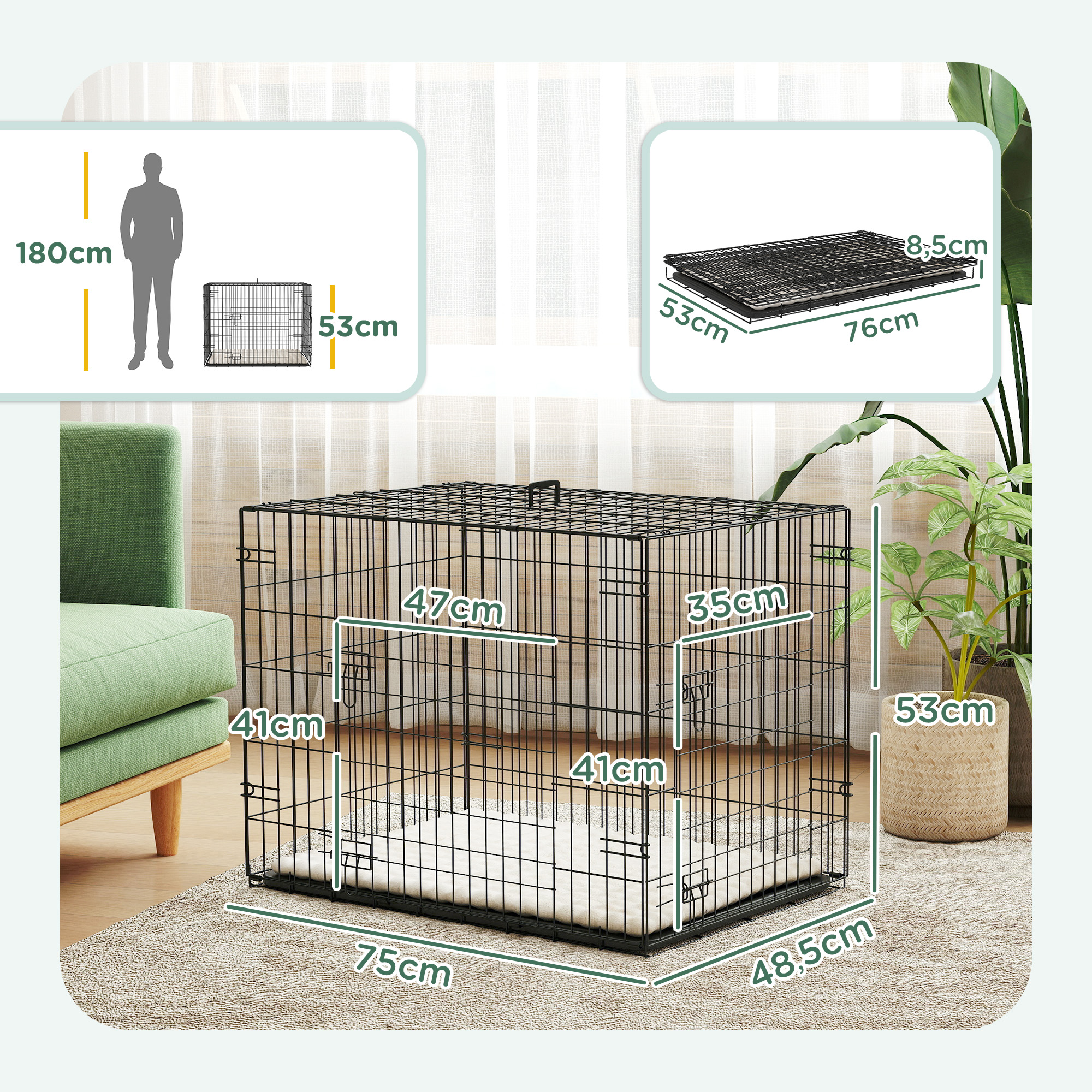 Hundekäfig klappbar Hundebox mit 2 Türen, Transportkäfig mit ausziehbare Bodenschale Kissen 75 x 48,5 x 53 cm Schwarz