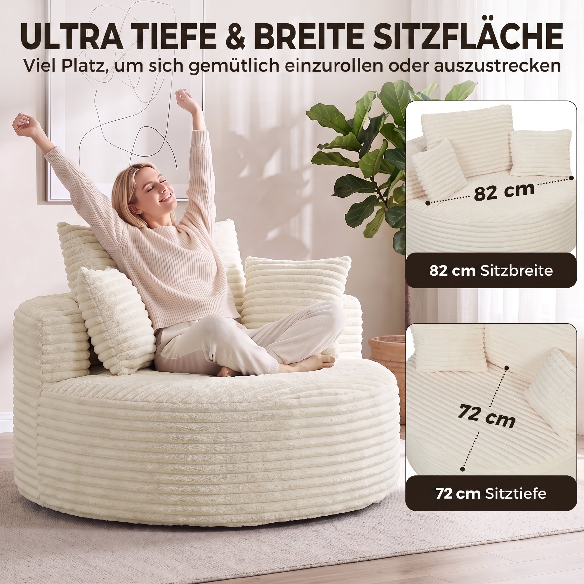 Sessel mit tiefer Sitzfläche, Einzelsofa ohne festen Rahmen, Vollschaum-Design, 4 Kissen, Cremeweiß