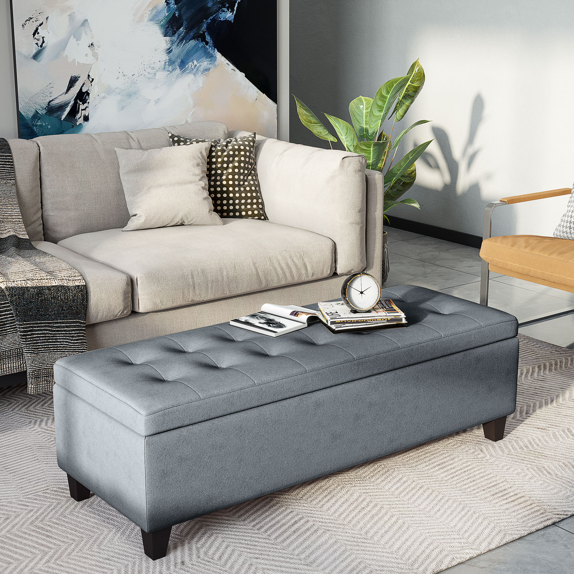 Sitzbank mit Stauraum, Ottomane, Flurbank, Knopfheftung,125,1 cm x 48,9 cm x 41,3 cm, Grau