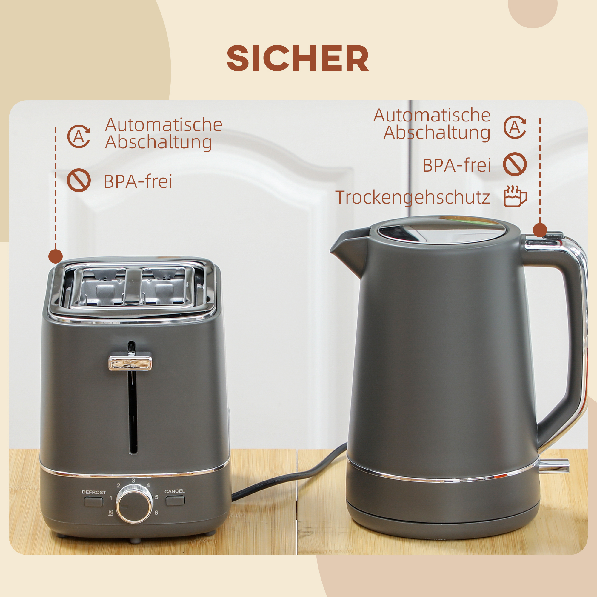 Set aus 1,7 L Wasserkocher und Toaster mit 6 Bräunungsstufen, Grau