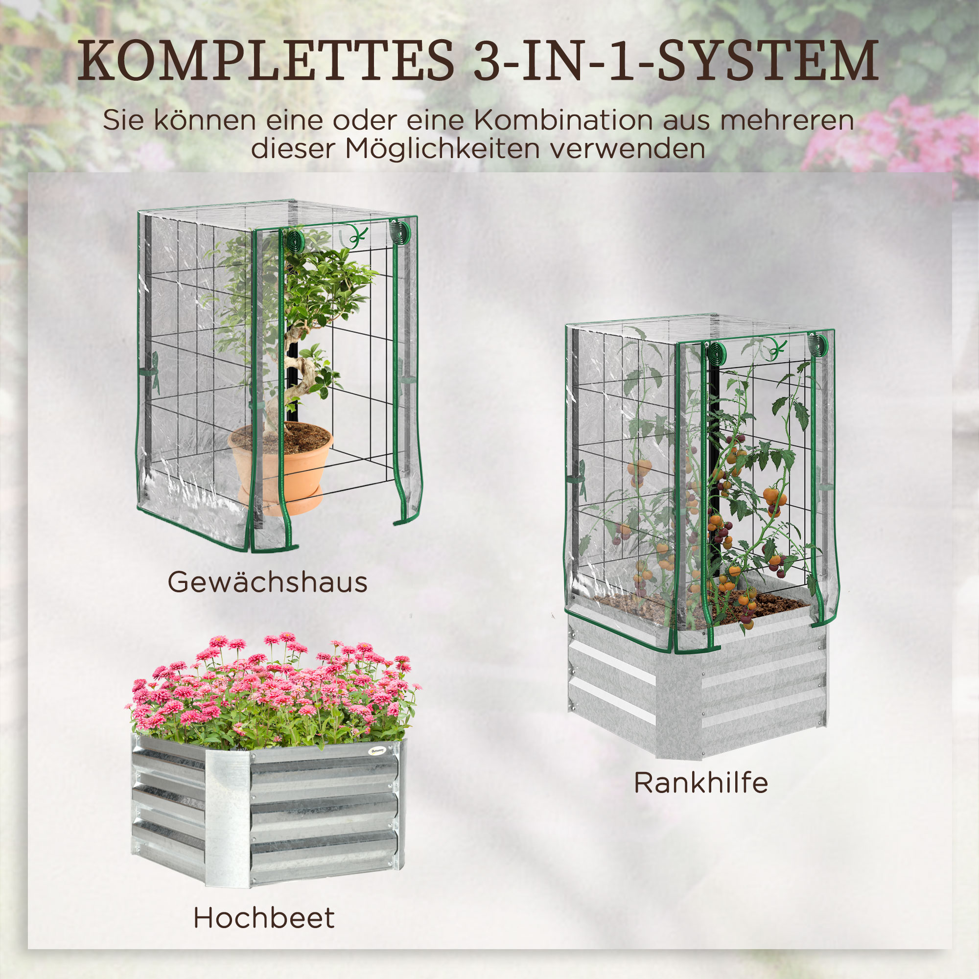 Hochbeet, Gewächshaus, 3-tlg.-Set, mit Rankgitter, Kunststoffabdeckung, 53 x 53 x 90 cm