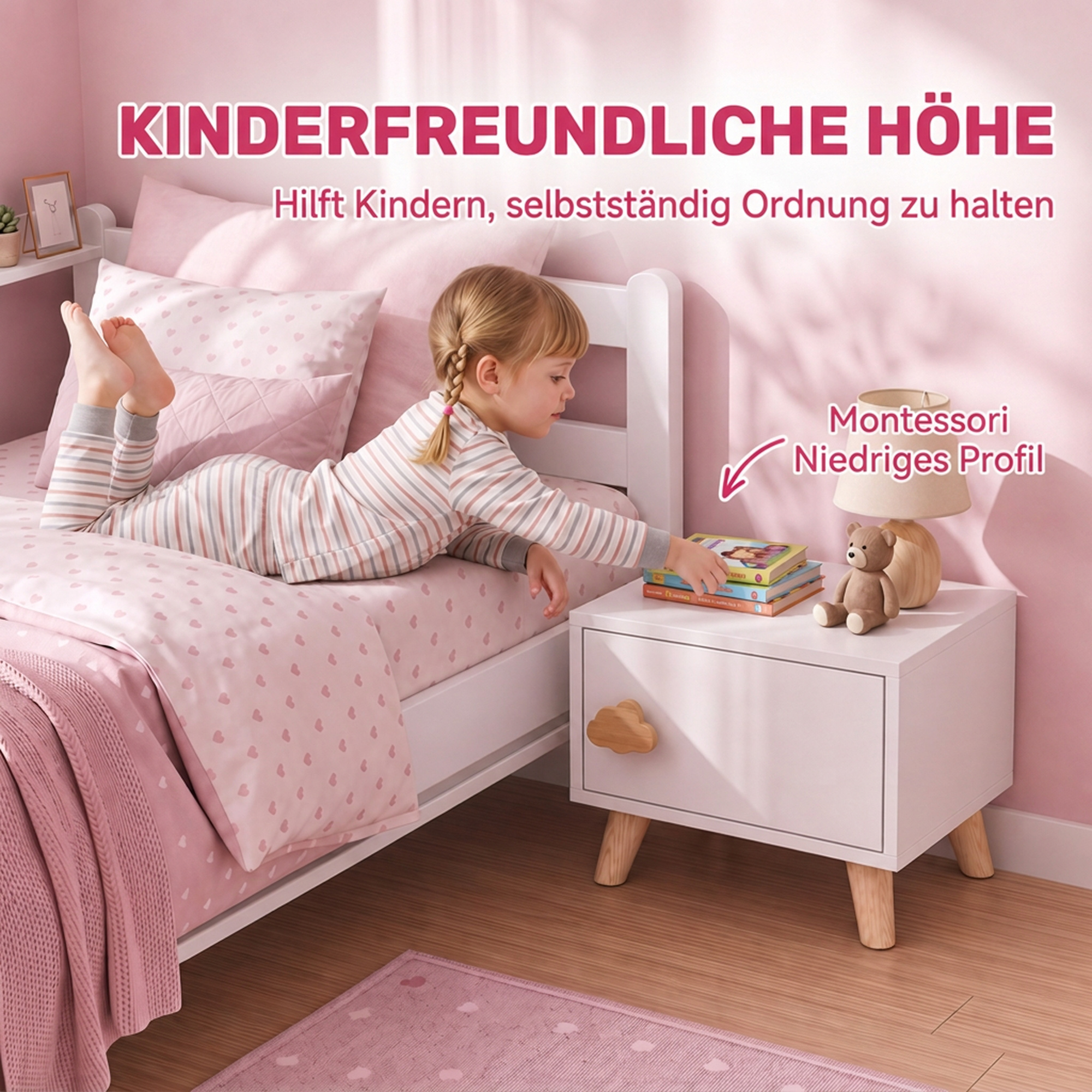 Kinder-Nachttisch aus Holz mit Staufach, Beistelltisch für Schlaf- und Wohnzimmer, Weiß