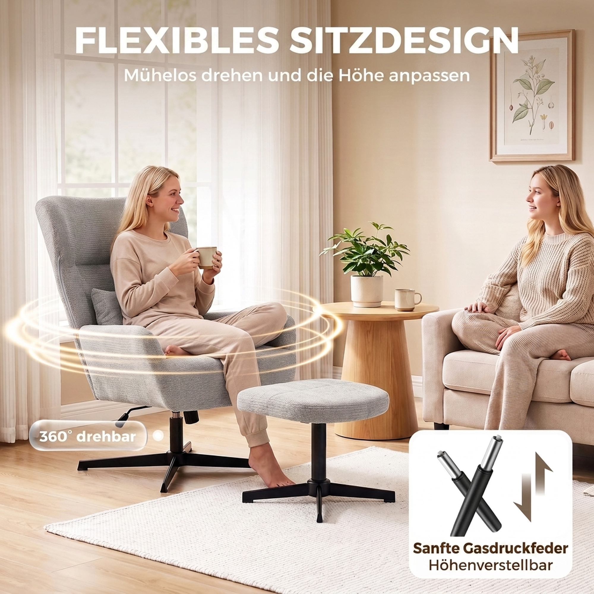 360° drehbarer Loungesessel mit Hocker, höhenverstellbar, Chenille-Bezug, mit Lendenkissen, Cremeweiß
