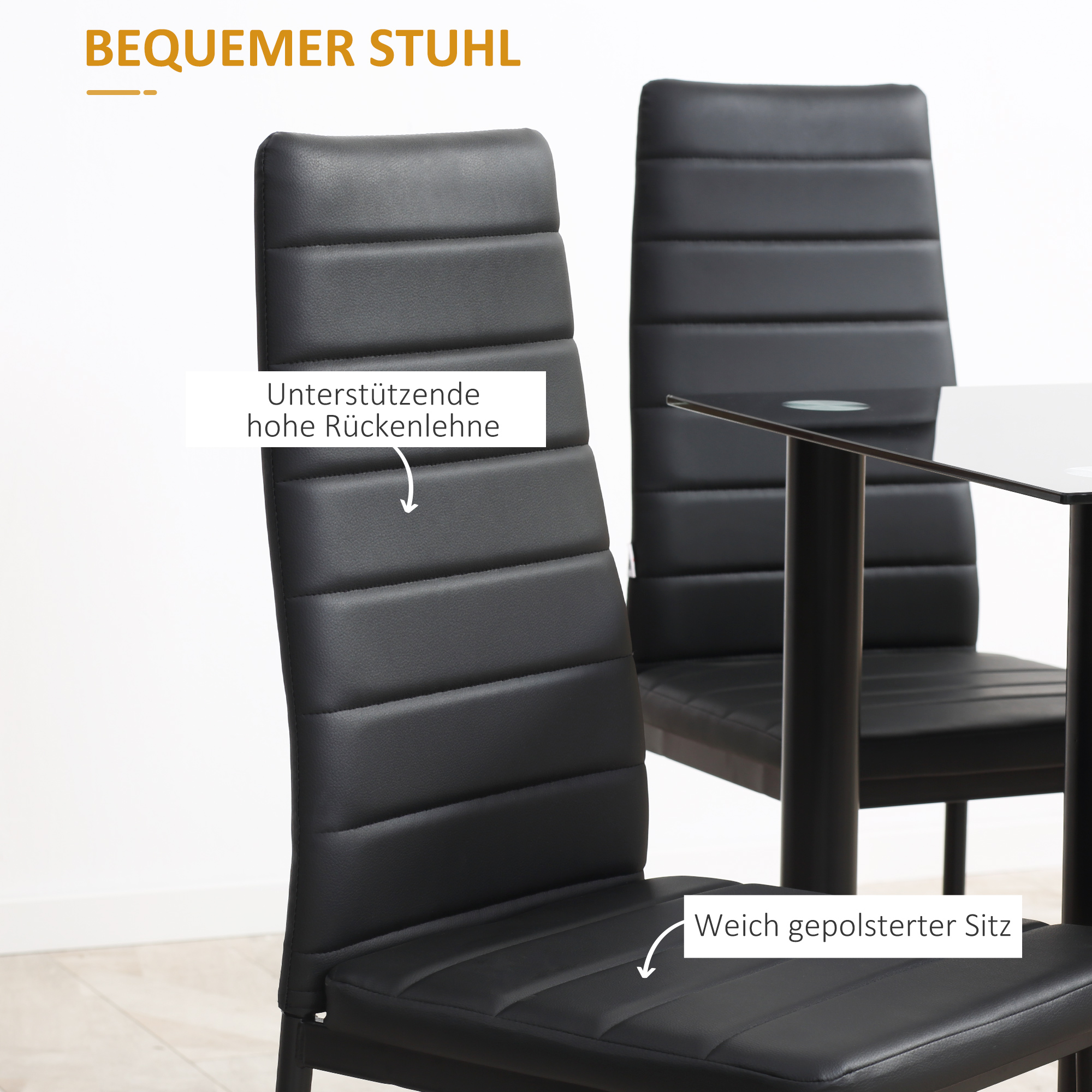 5-tlg. Essgruppe Sitzgruppe Esstisch mit 4 Stühlen, modernes Design, Glastisch, Schwarz