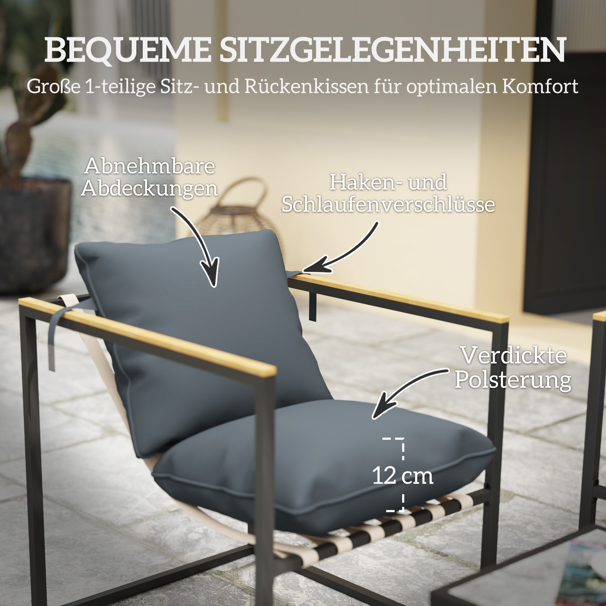 4-teiliges Gartenmöbelset, Outdoor-Möbel-Set, 2 Sessel, 2er Sofa, 1 Tisch, gepolstert, Stahl, Polyester, Grau