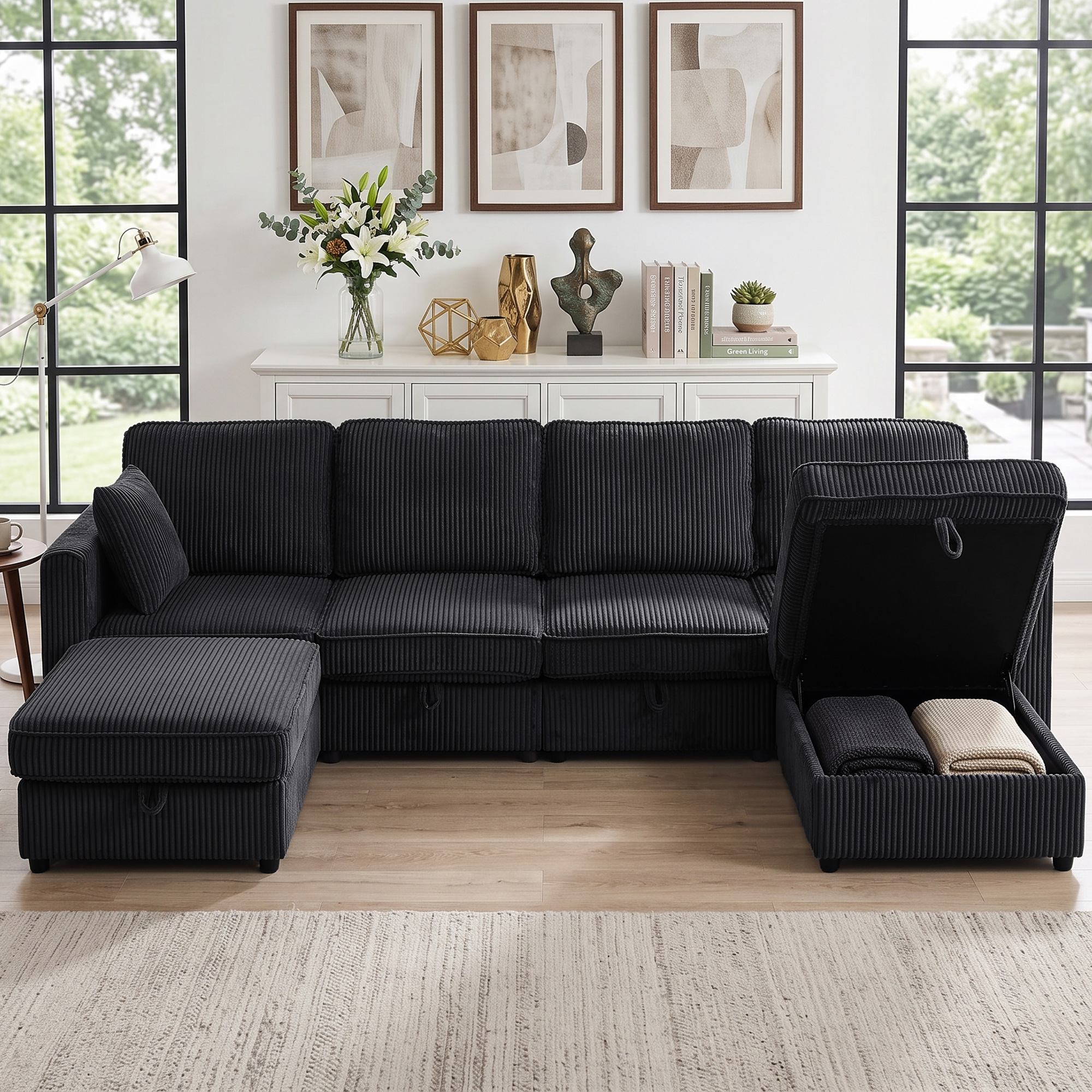 Ecksofa 4-Sitzer U-Form Sofa mit Stauraum-Ottomane, 306 cm Eckcouch mit Cord-Optik, 4 Kissen, für Wohnzimmer