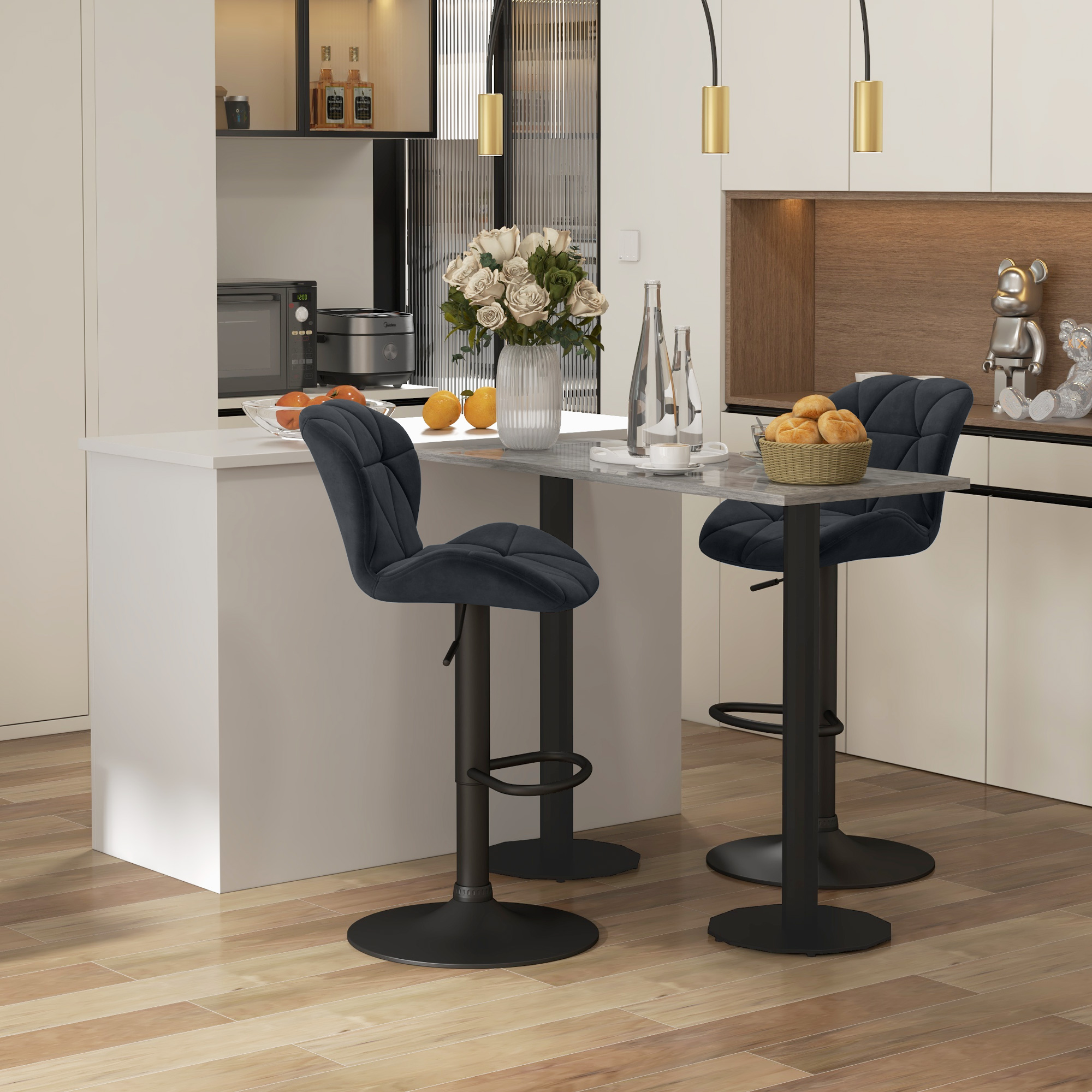 2er-Set Barhocker drehbare Barstühle mit Lehne höhenverstellbarer Bistrohocker Tresenhocker Samt Touch armloser Schaumstoff Schwarz 51,5x 57,5 x 93-114,5 cm