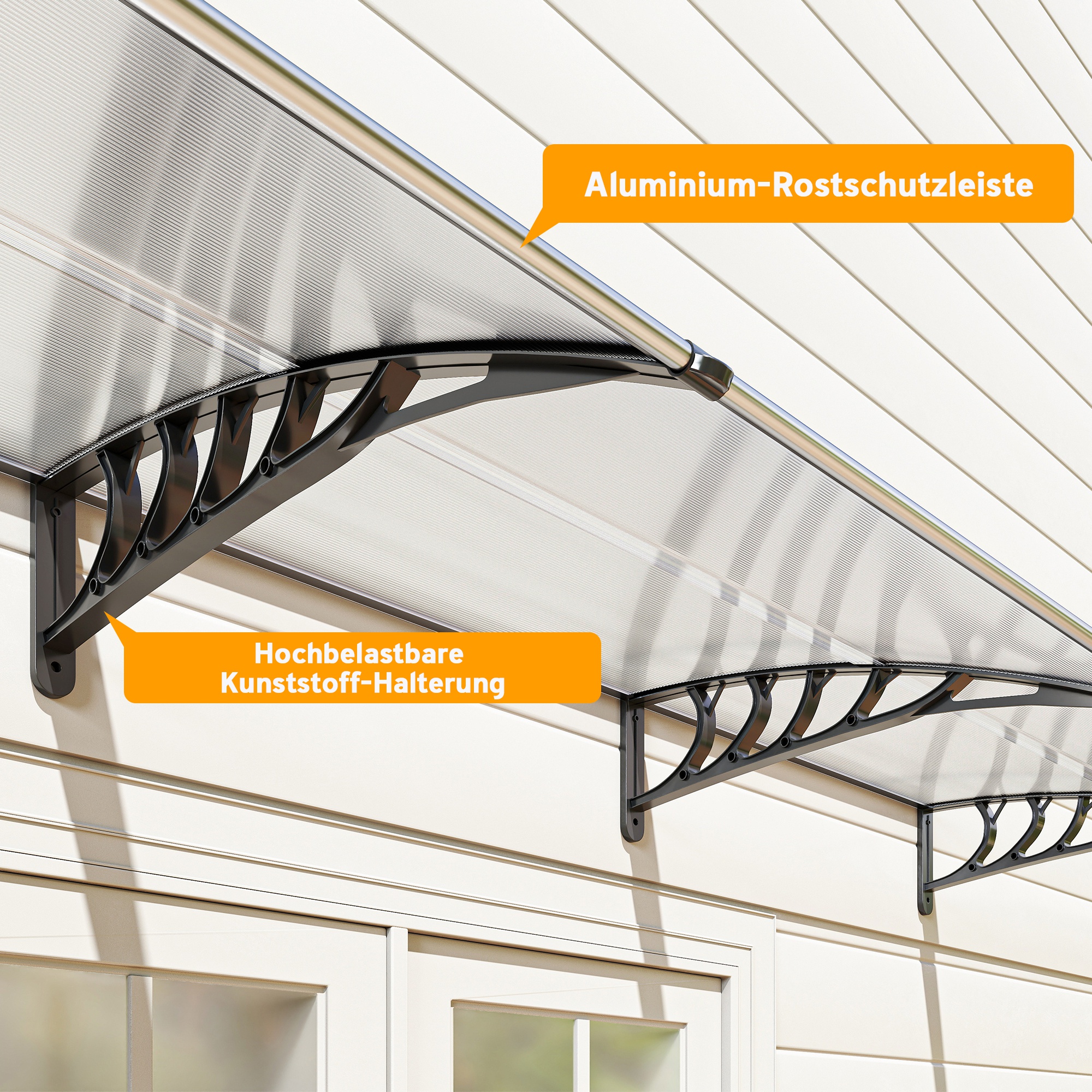 Vordach Schutzdach, Sonnen- und Regenschutz, inkl. Wandhalterung, 295x90 cm, Weiß