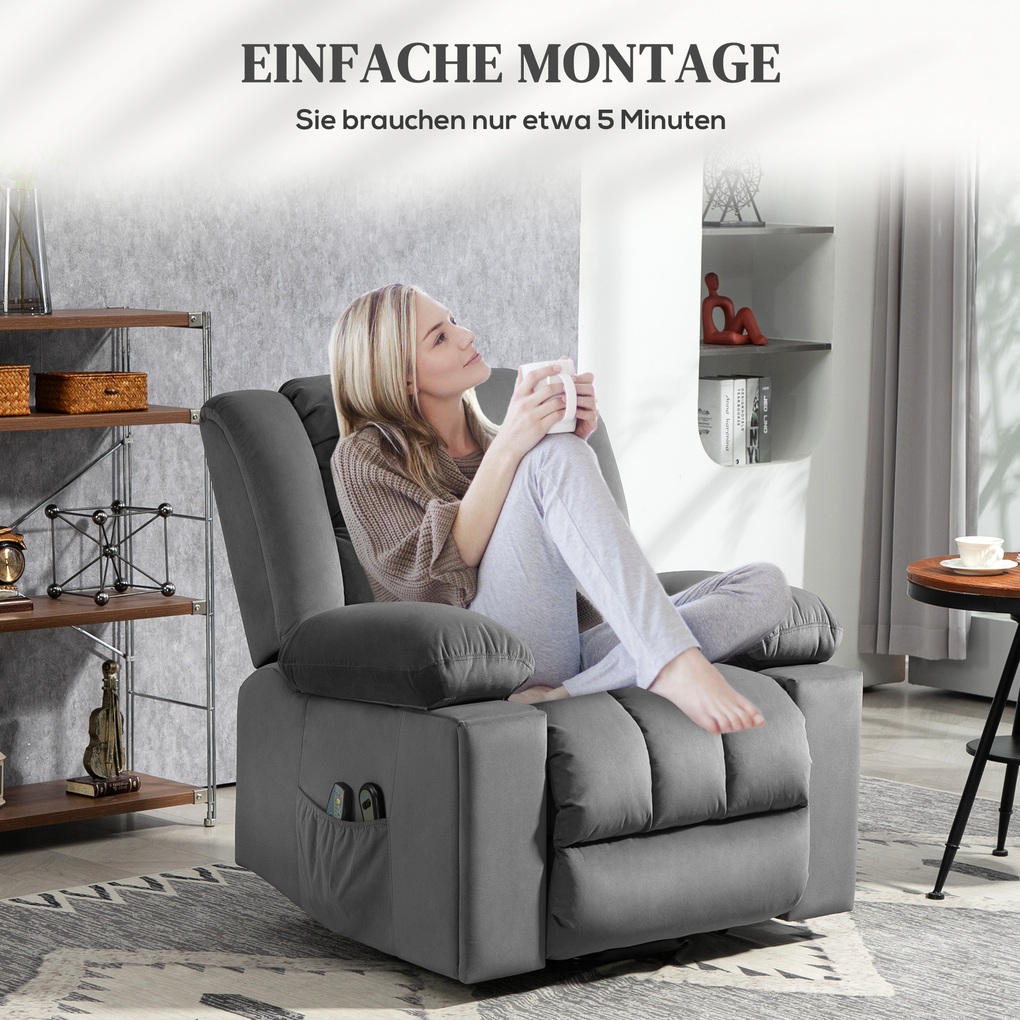 elektrischer Aufsteh-Sessel, weicher & samtartiger Stoff, USB-Anschlüsse